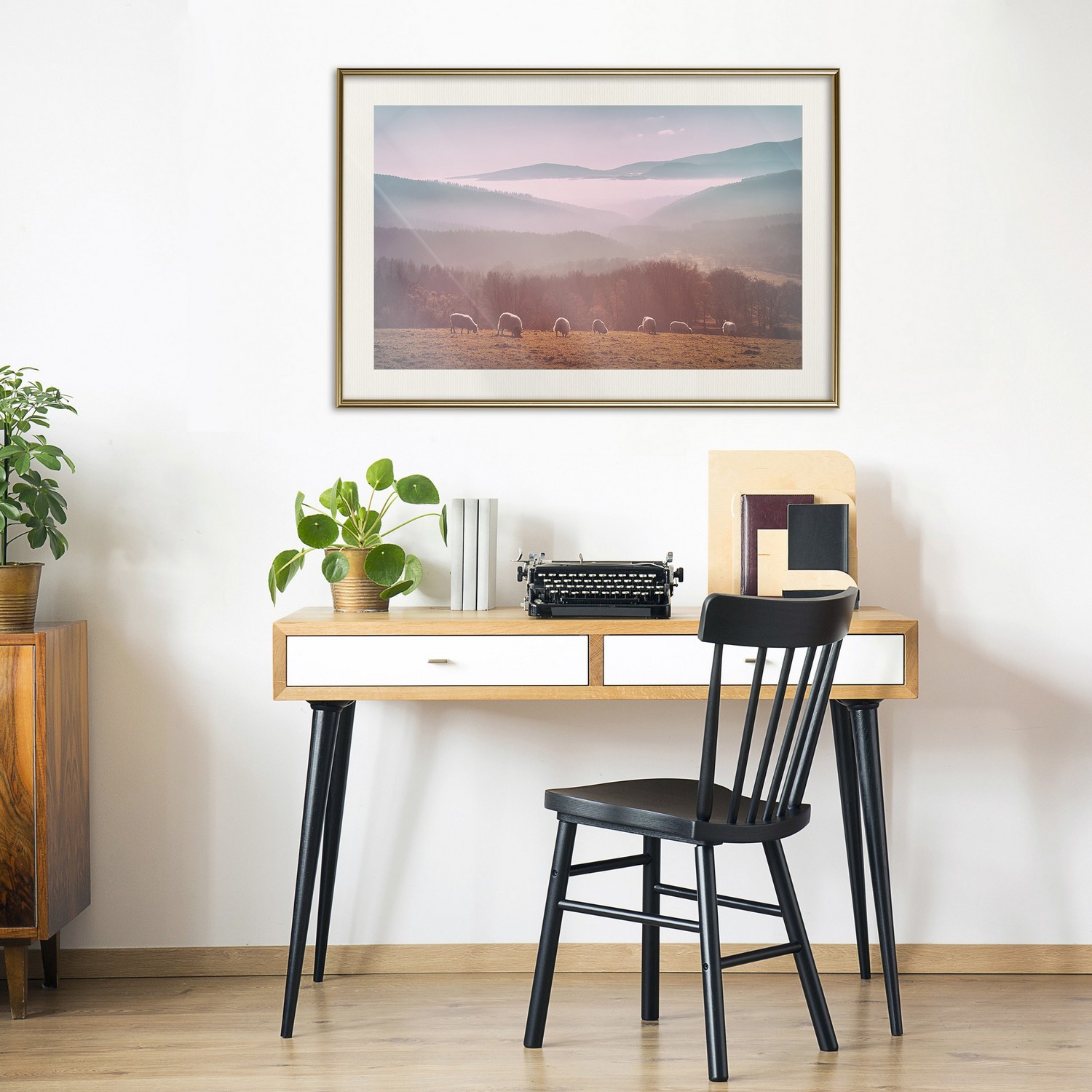 Affisch - Flock of Sheep [Poster] 60x40 Guld ram med passepartout, 60x40 cm