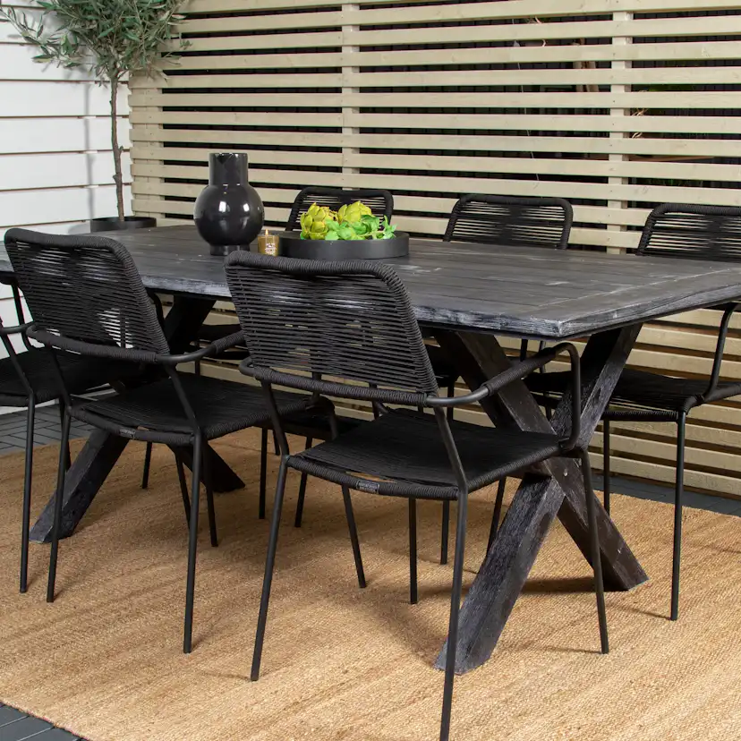 Rives Dining Table 200*100cm - Black Acacia+Lindos Armchair Svart/Svart