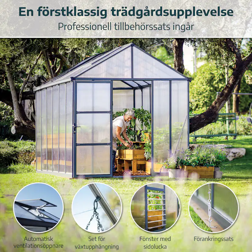 Växthus Canopia by Palram Glory Aluminiumram med UV-Skyddad Polykarbonat & Automatisk Ventilationsöppnare, 6,2 m²
