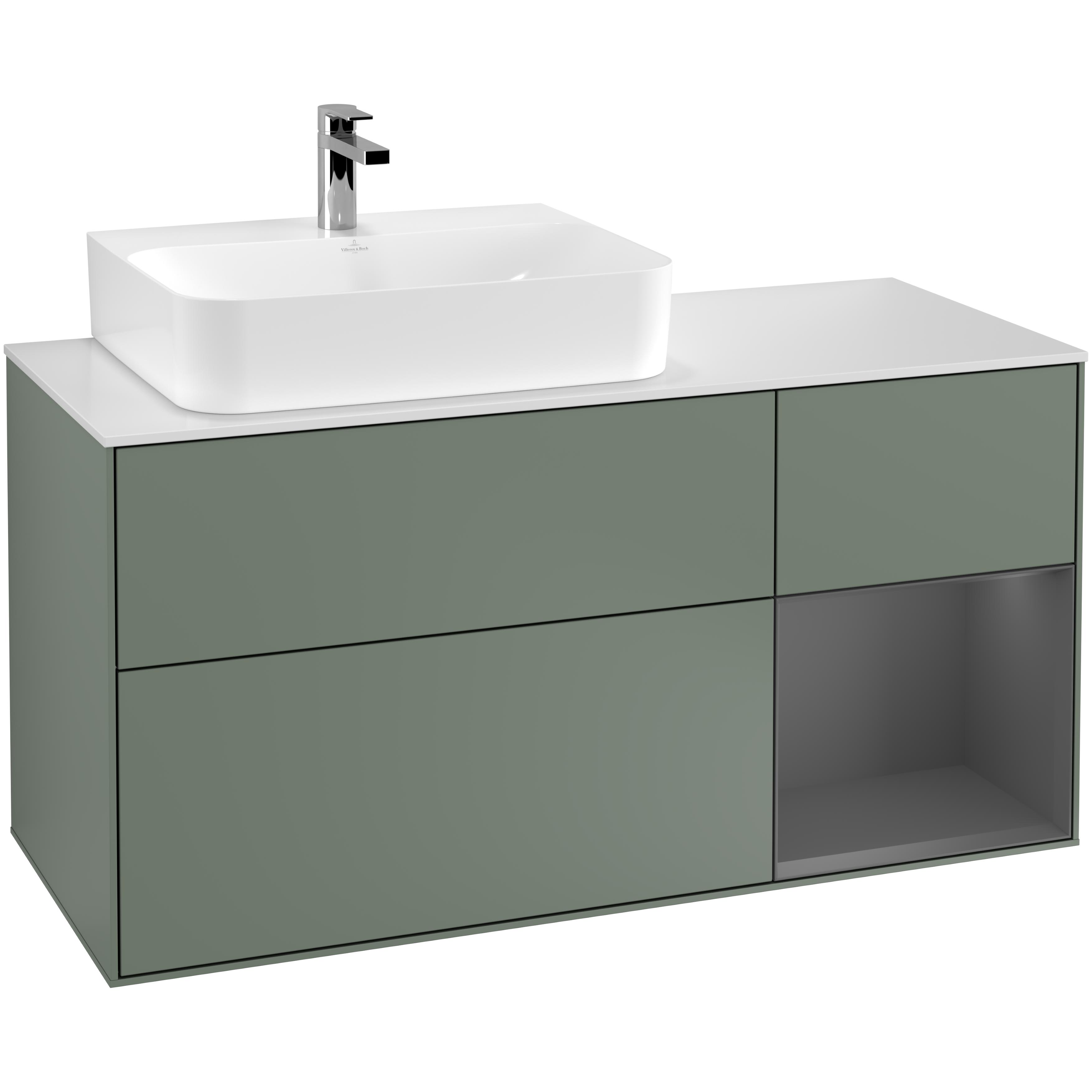 Tvättställsskåp Villeroy & Boch Finion G151GKGM Oliv Mattlack/Antracitgrå Mattlack med bänkskiva i Mattvitt glas med Väggbelysning, Lucka Höger