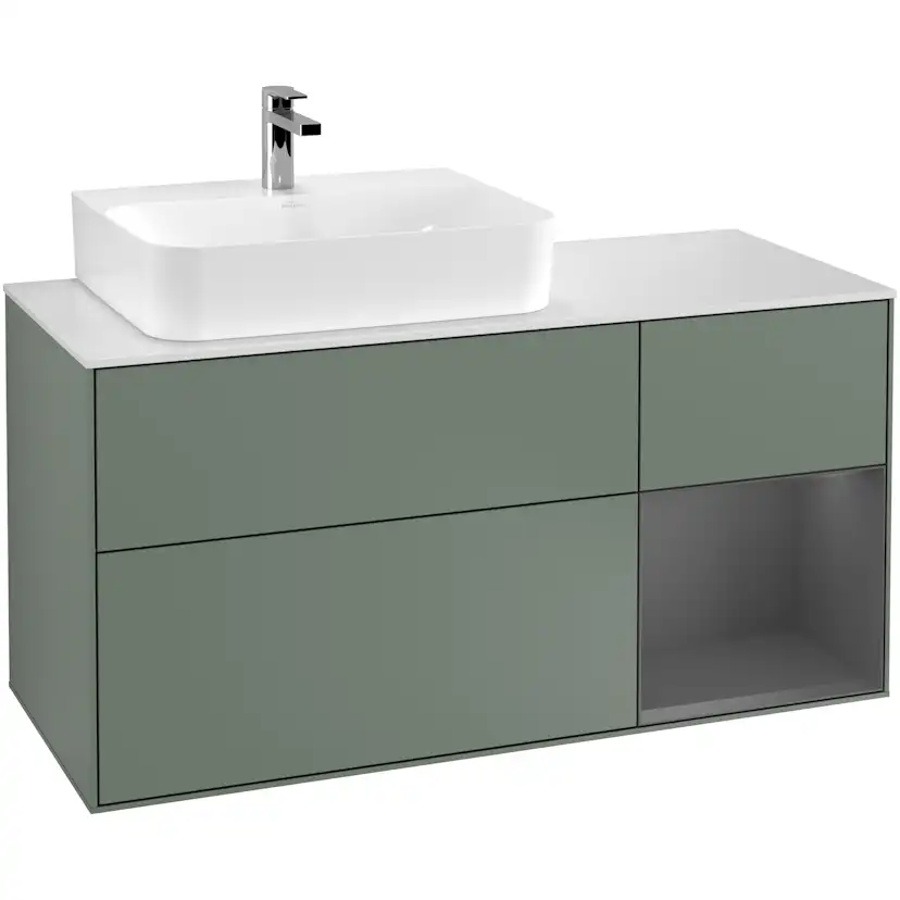 Tvättställsskåp Villeroy & Boch Finion G151GKGM Oliv Mattlack/Antracitgrå Mattlack med bänkskiva i Mattvitt glas med Väggbelysning, Lucka Höger