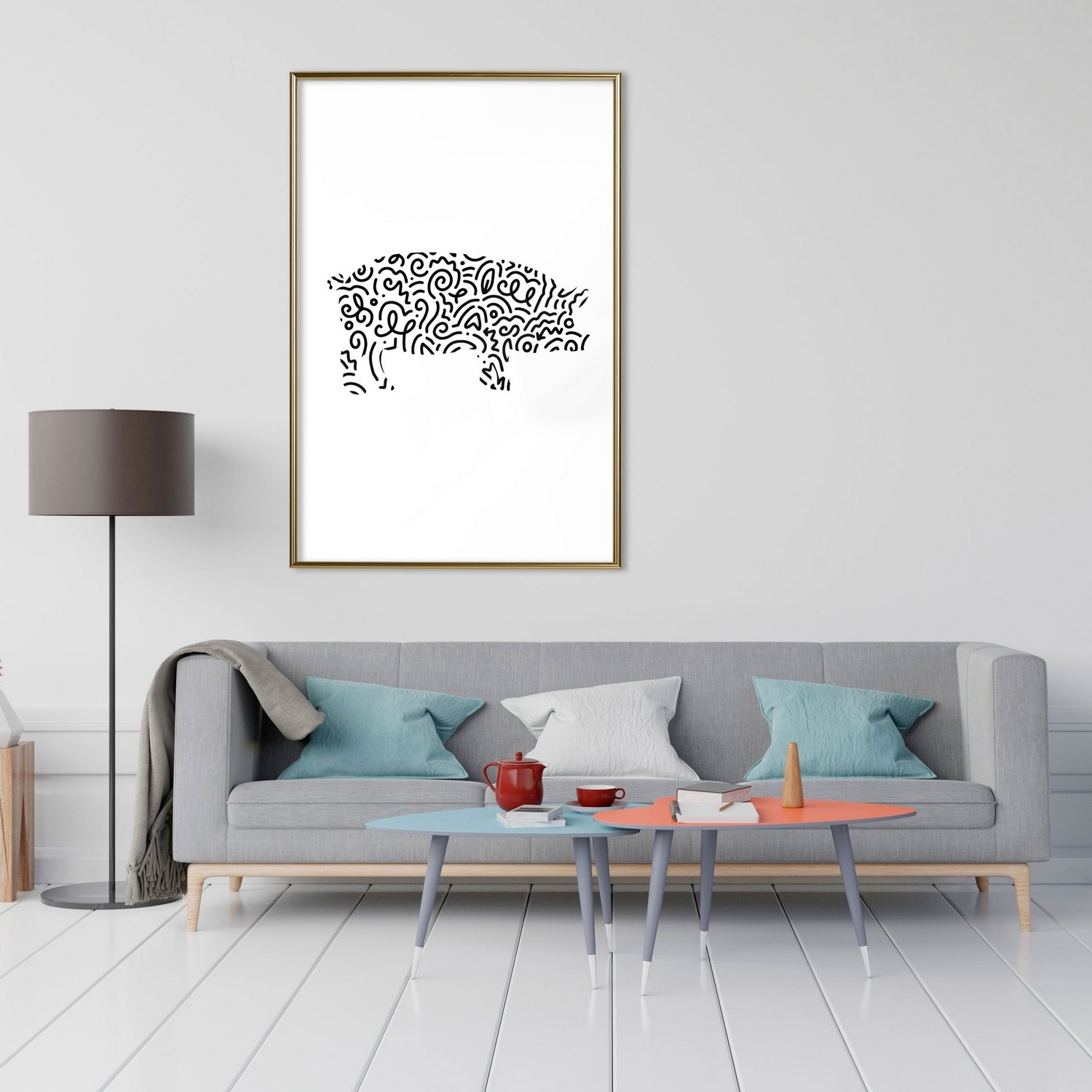 Affisch - Black and White Piggy [Poster] 30x45 Guld ram, 30x45 cm