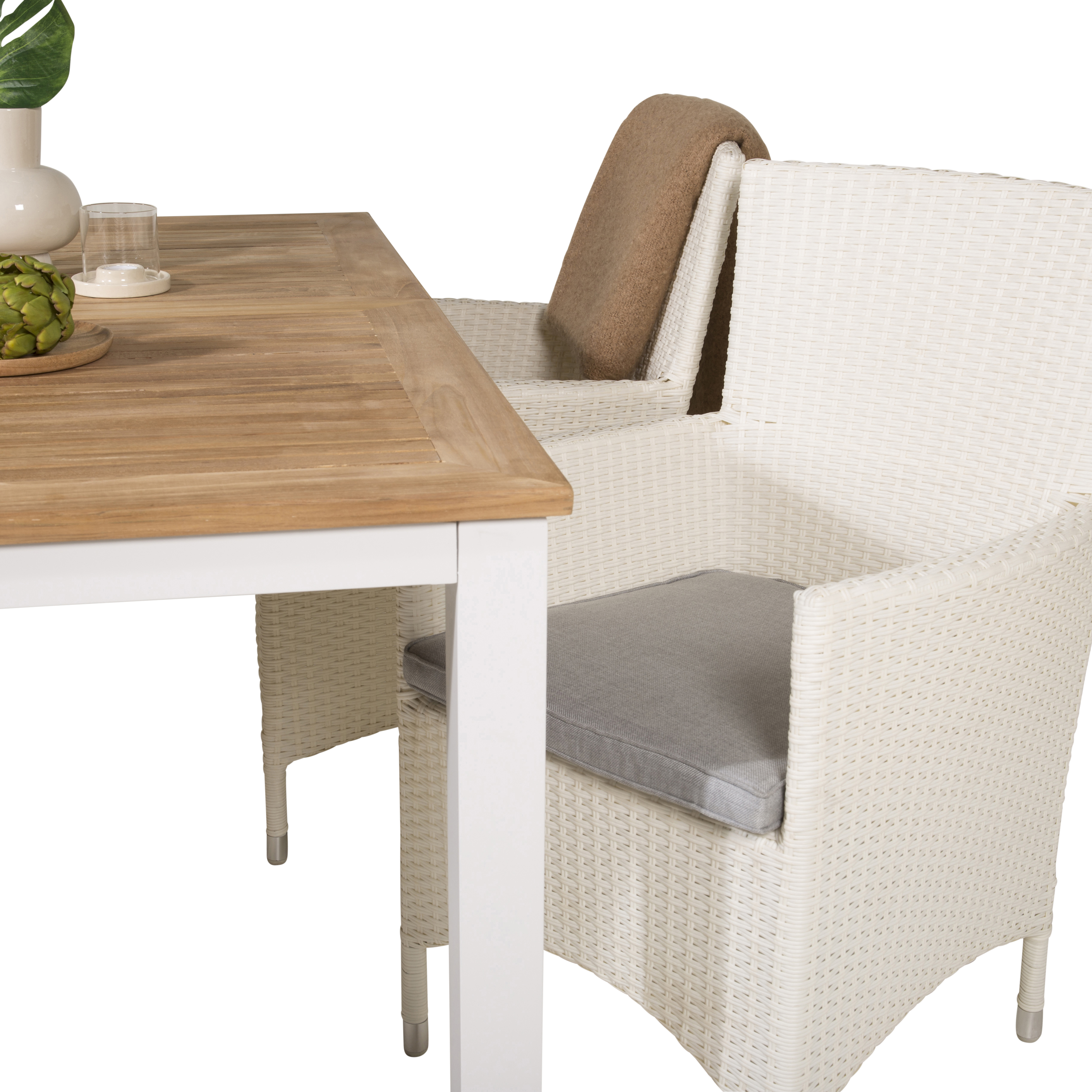 Panama Bord152/210*90-vit/Teak+Malin stol vit/Grå dyna4 Matta Ben