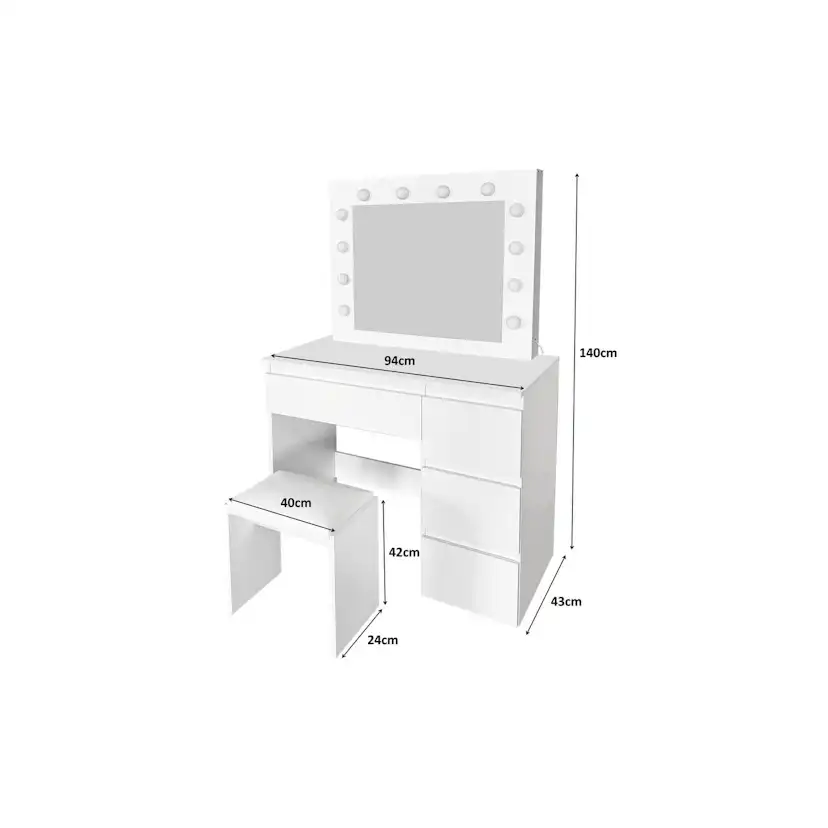 Sminkbord Scandinavian Choice Glow Komplett set med Spegel och Pall, LED-Belysning 94 cm