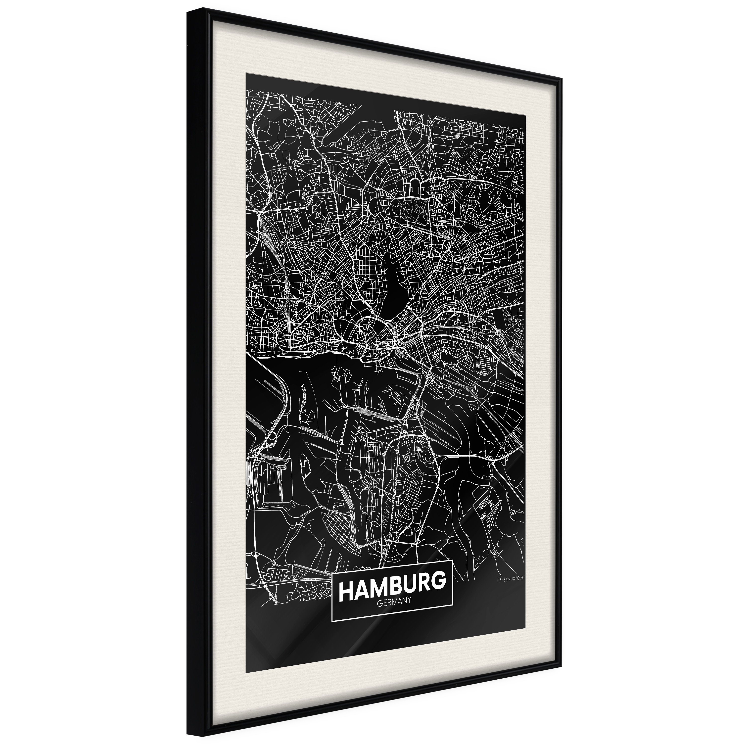 Affisch - Dark Map of Hamburg [Poster] 40x60 Svart ram med passepartout, 40x60 cm