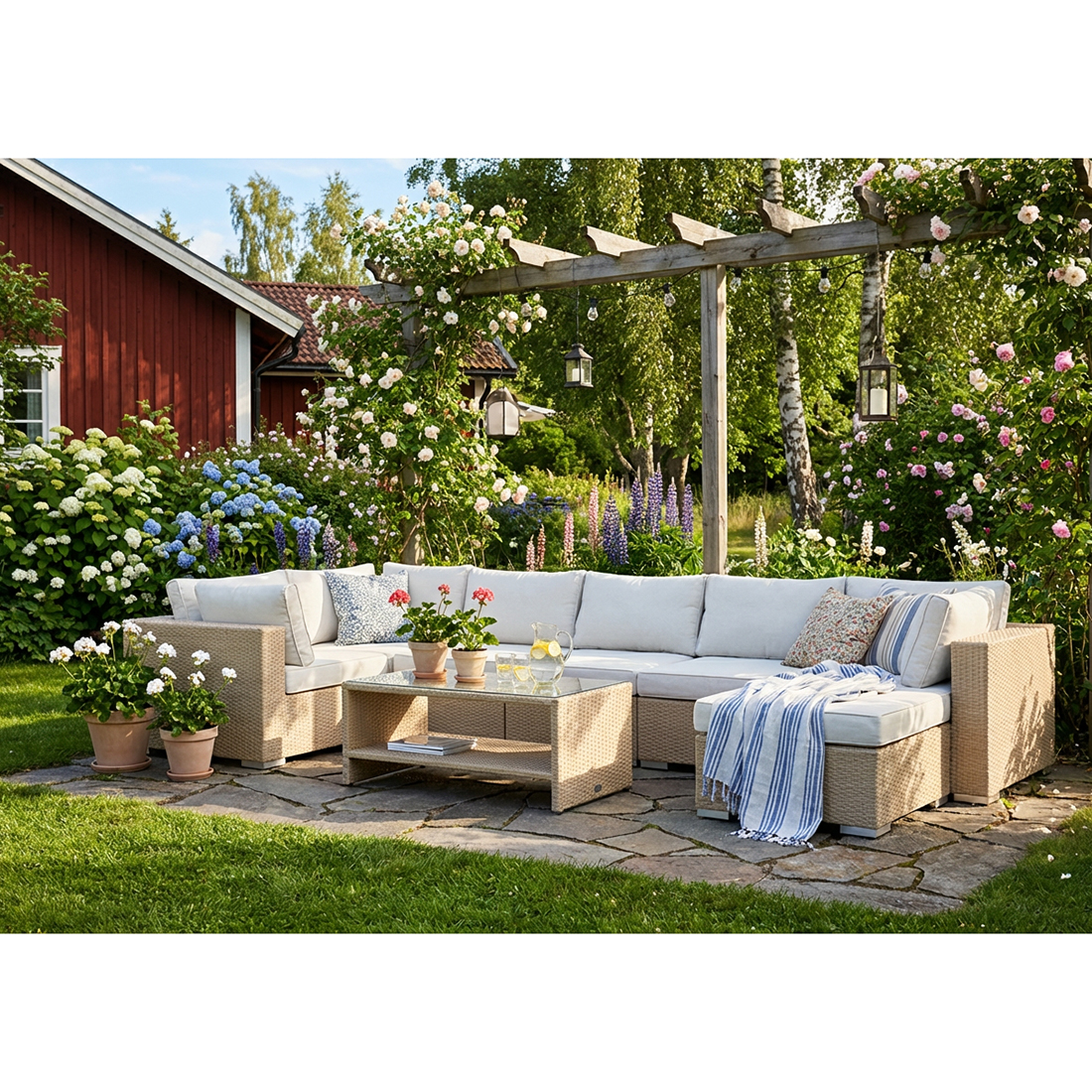 Bahamas Schäslong med divan 7 sits (Vändbar) - bord med hyll Beige