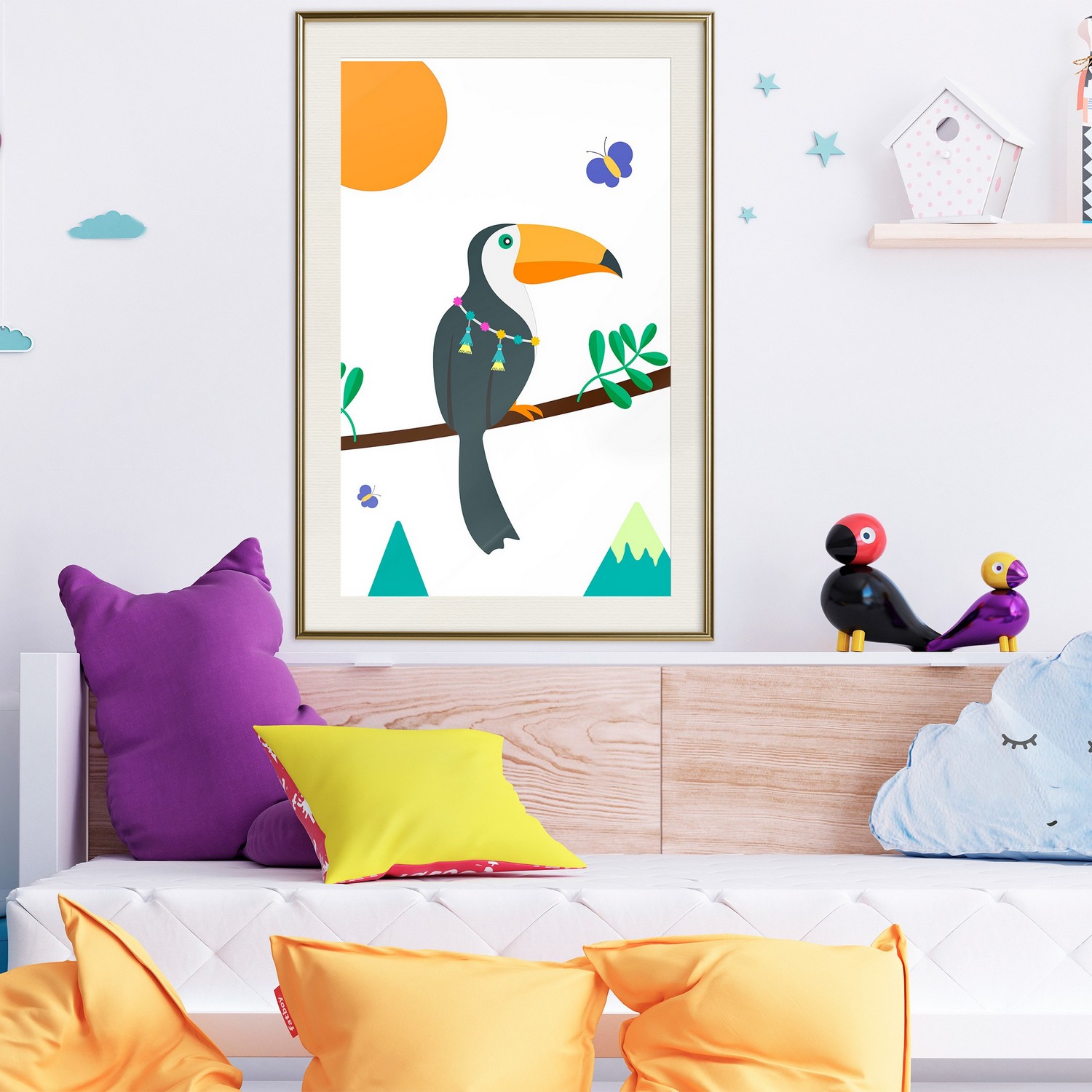Affisch - Toucan And Butterflies [Poster] 40x60 Guld ram med passepartout, 40x60 cm