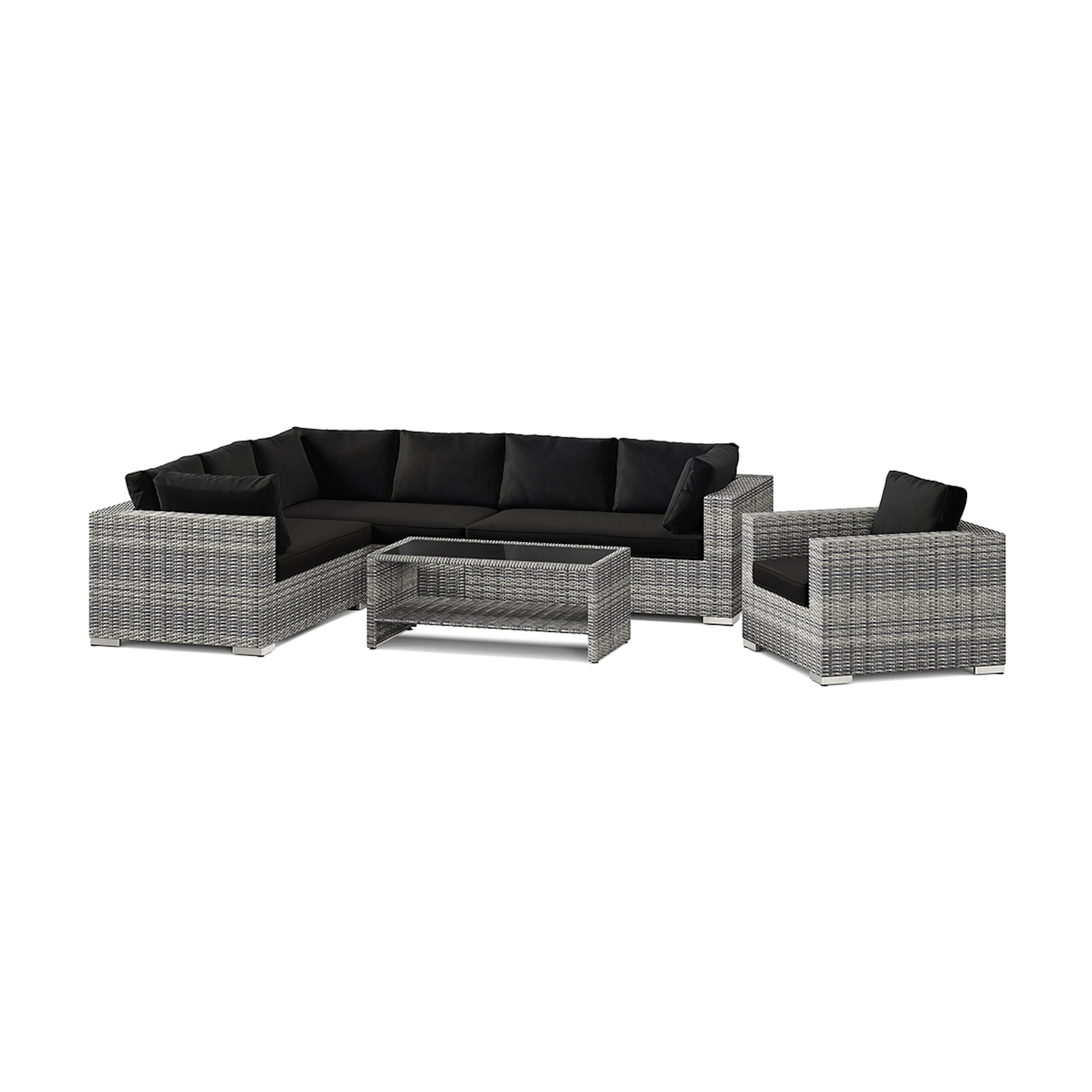 Loungegrupp Comfort Garden Bahamas utomhus L-soffa höger 7-sits med fåtölj och bord med hylla