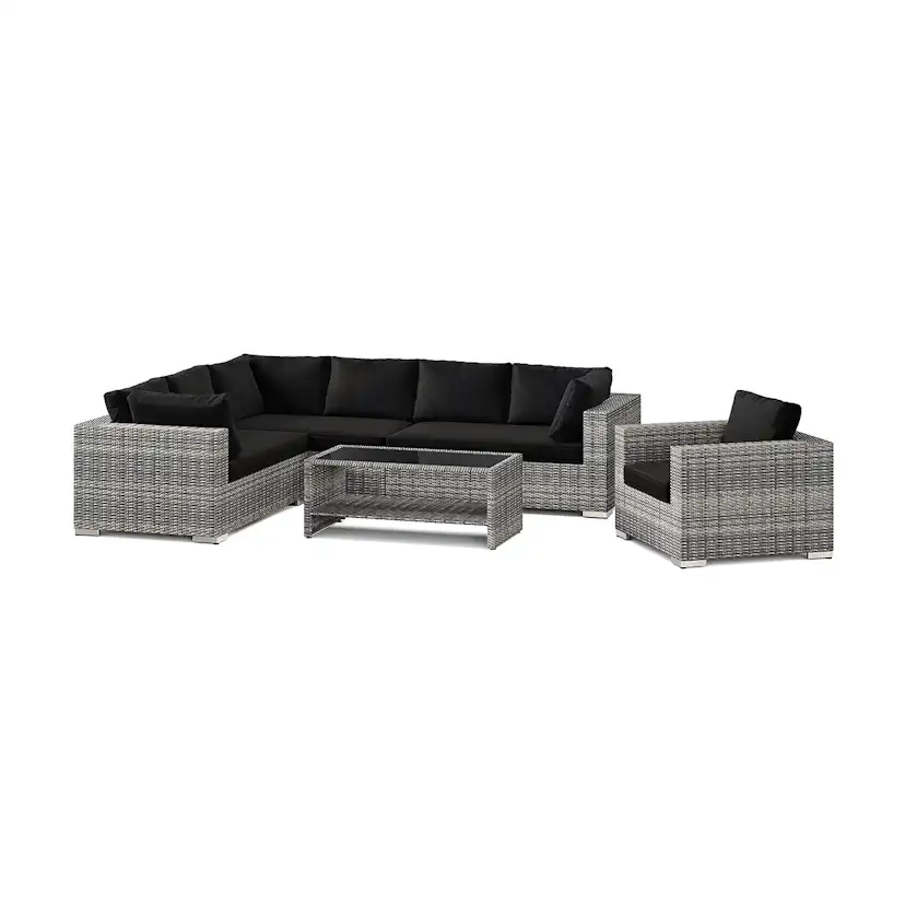 Loungegrupp Comfort Garden Bahamas utomhus L-soffa höger 7-sits med fåtölj och bord med hylla