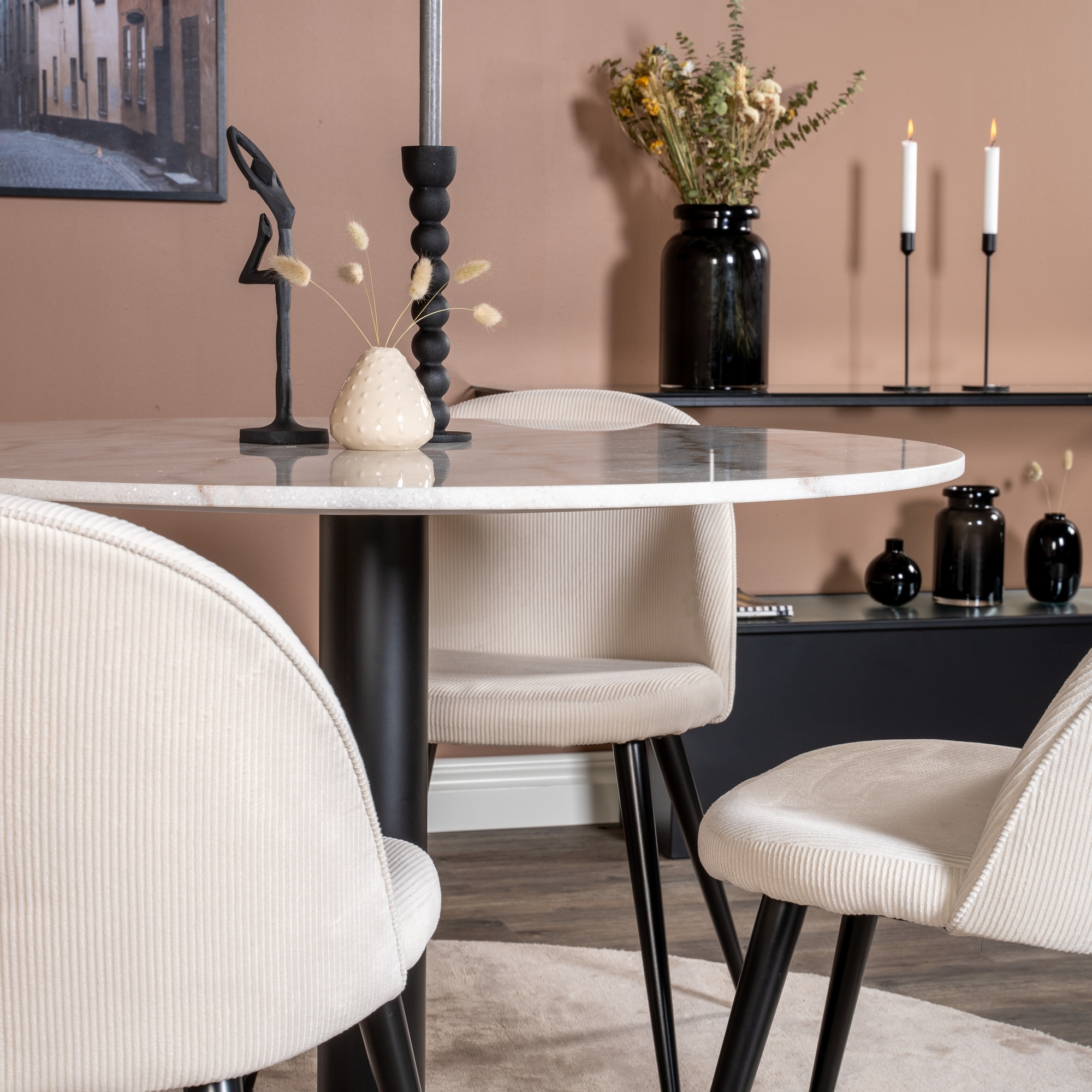 Estelle runt Matbord - Svart / Vit marmor - ø106*H75+Velvet Vit/Beige