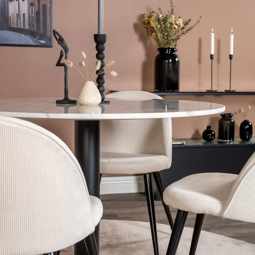 Estelle runt Matbord - Svart / Vit marmor - ø106*H75+Velvet Vit/Beige
