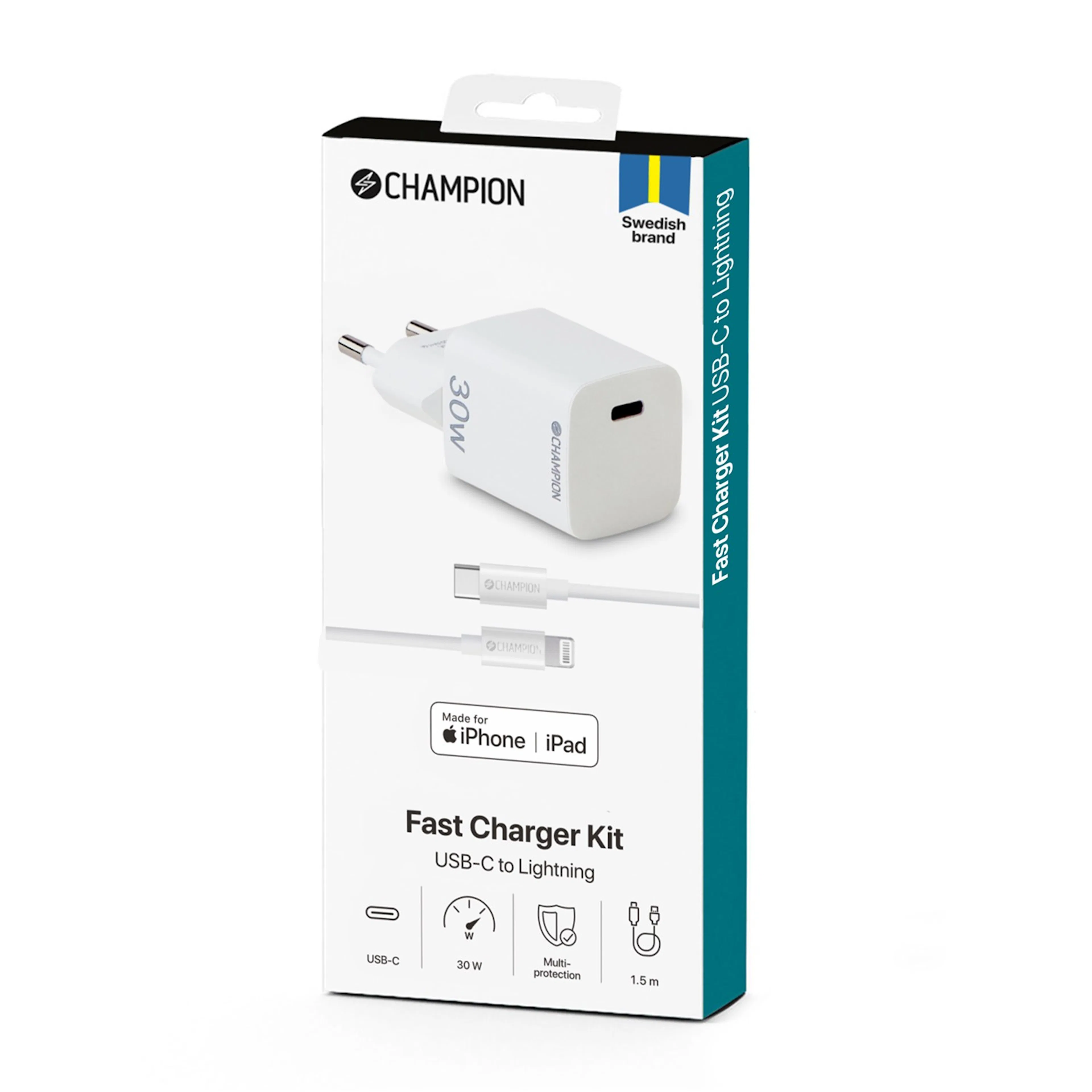 Laddare Champion 30W + USB-C till Lightning Kabel Vit