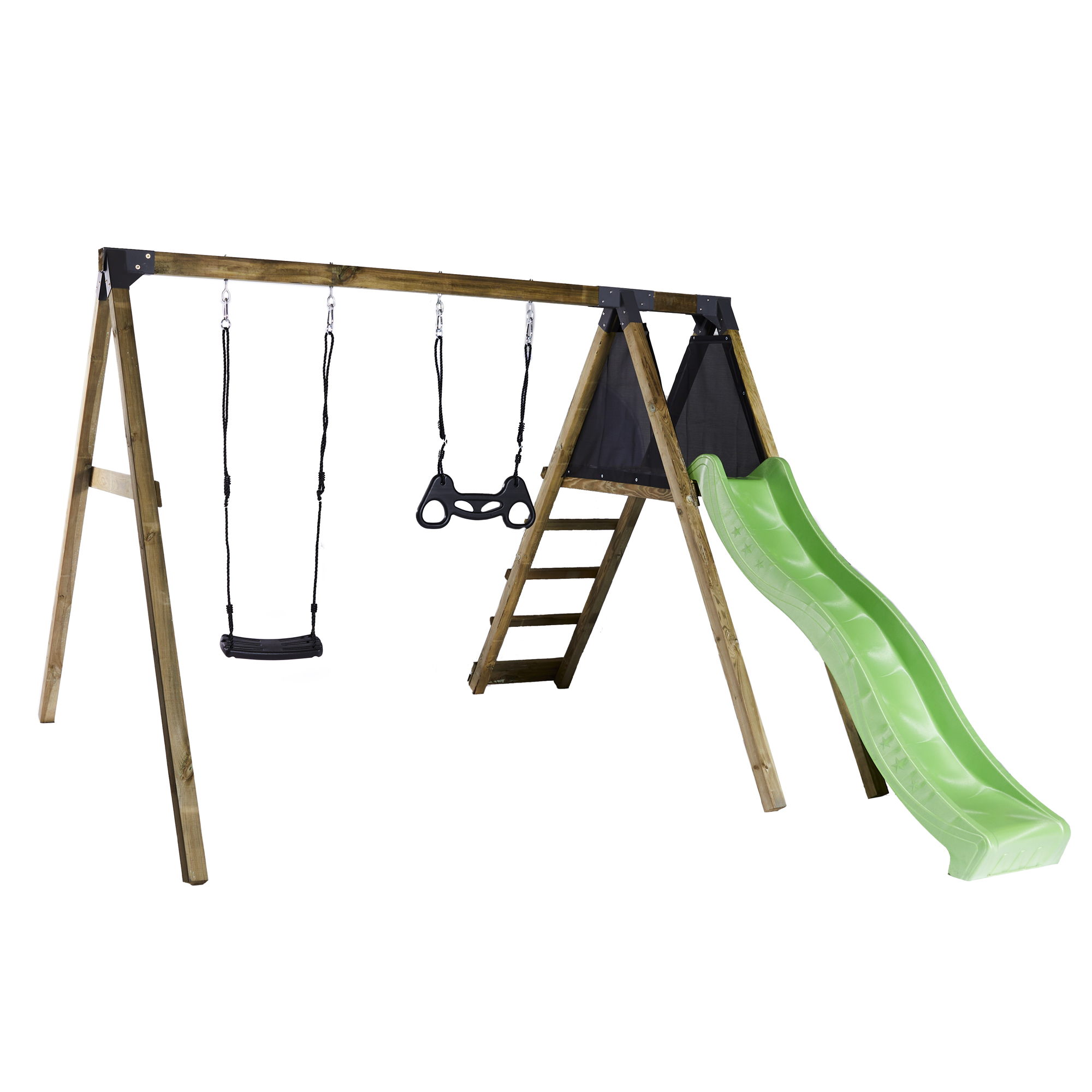 Gungställning Nordic Play Klättermodul Med Svart Gungsits, Trapetsgunga & Grön Rutschkana