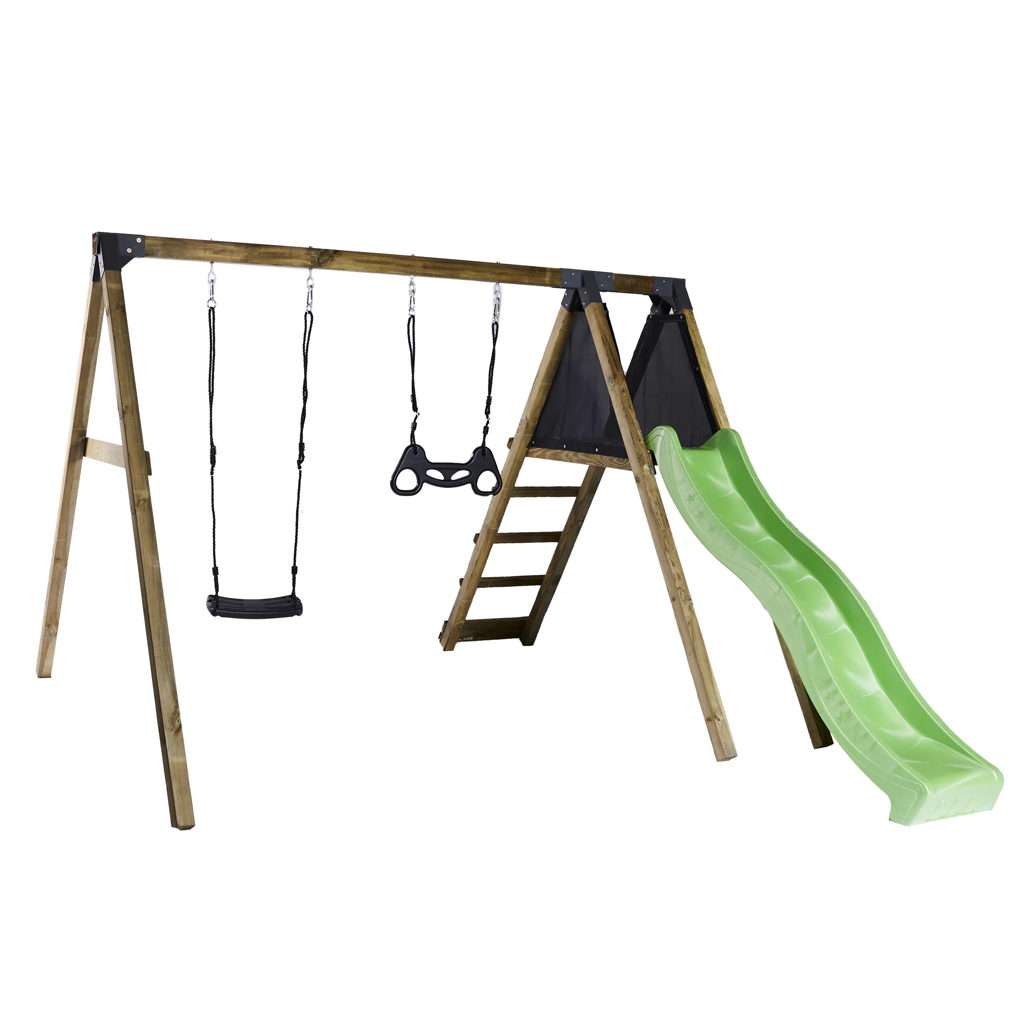Gungställning Nordic Play Klättermodul Med Svart Gungsits, Trapetsgunga & Grön Rutschkana