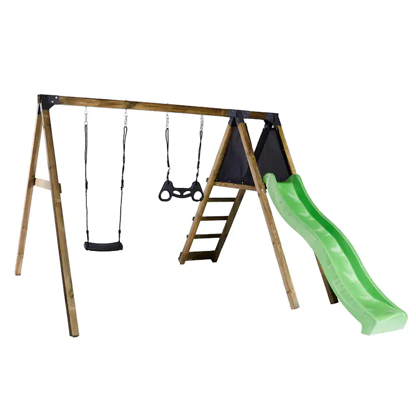 Gungställning Nordic Play Klättermodul Med Svart Gungsits, Trapetsgunga & Grön Rutschkana