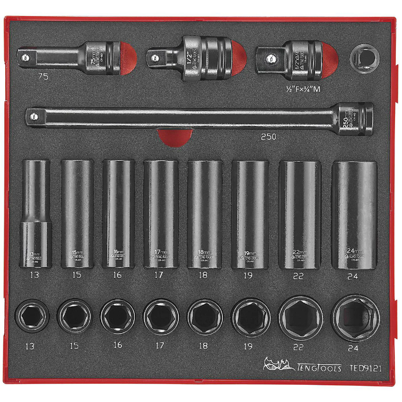 Krafthylssats 21 delar med 1/2 tum fyrkantsfäste Teng Tools TED 9121