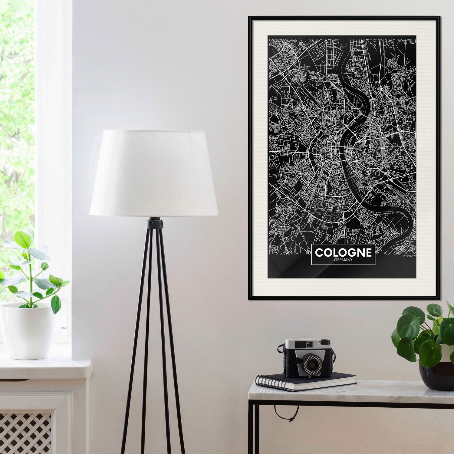Affisch - Dark Map of Cologne [Poster] 30x45 Svart ram med passepartout, 30x45 cm