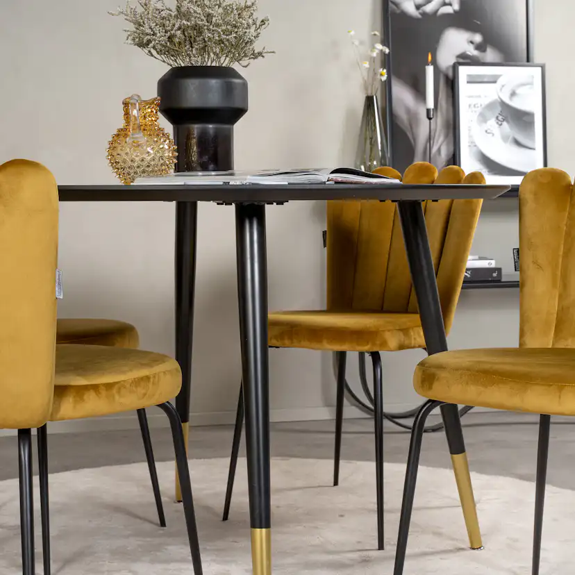 Dipp Dining Table - 115cm - Black Veneer / black legs w bras Guld