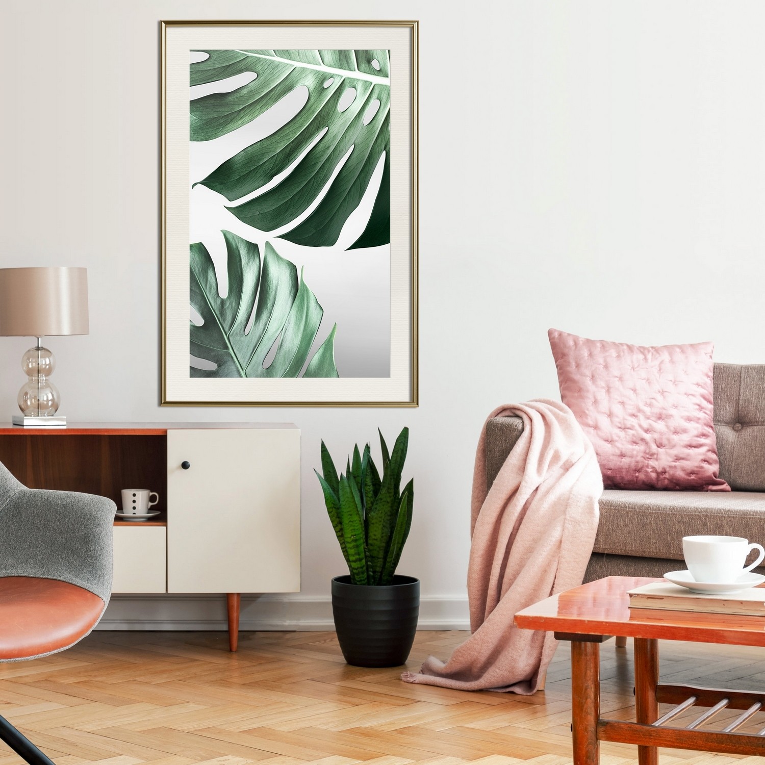 Affisch - Monstera Leaves [Poster] 30x45 Guld ram med passepartout, 30x45 cm