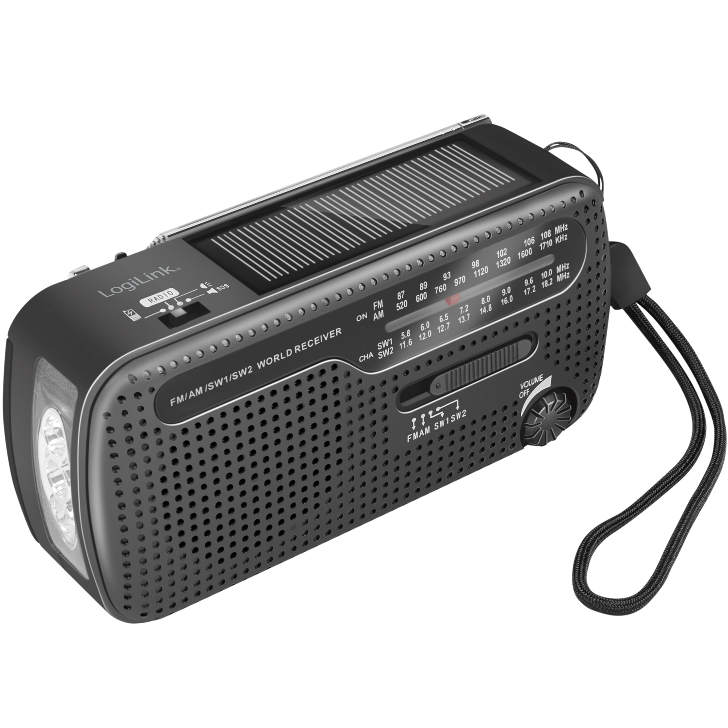 Vevradio LogiLink med Ficklampa och Solcell