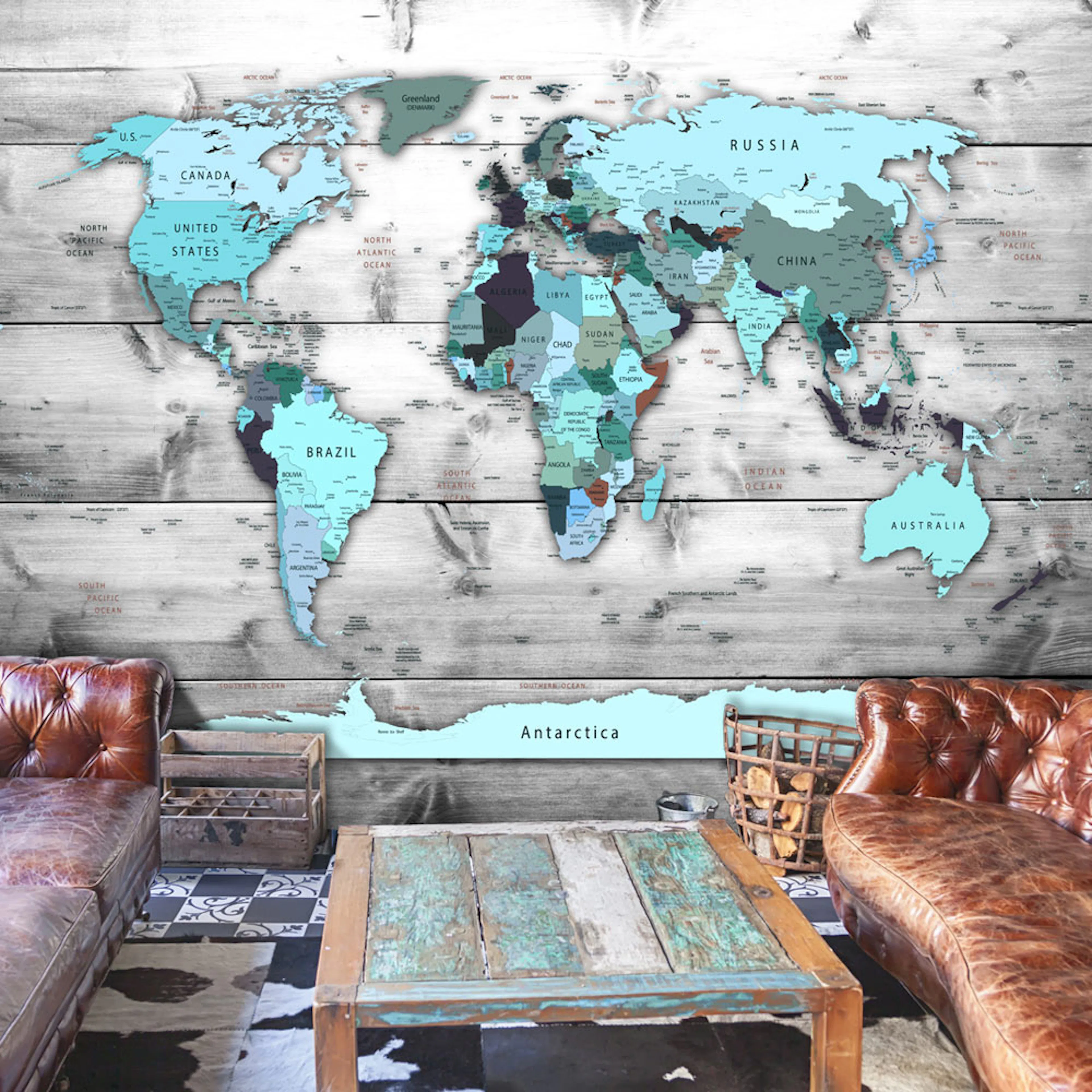 Fototapet Arkiio Självhäftande World Map Blue Continents