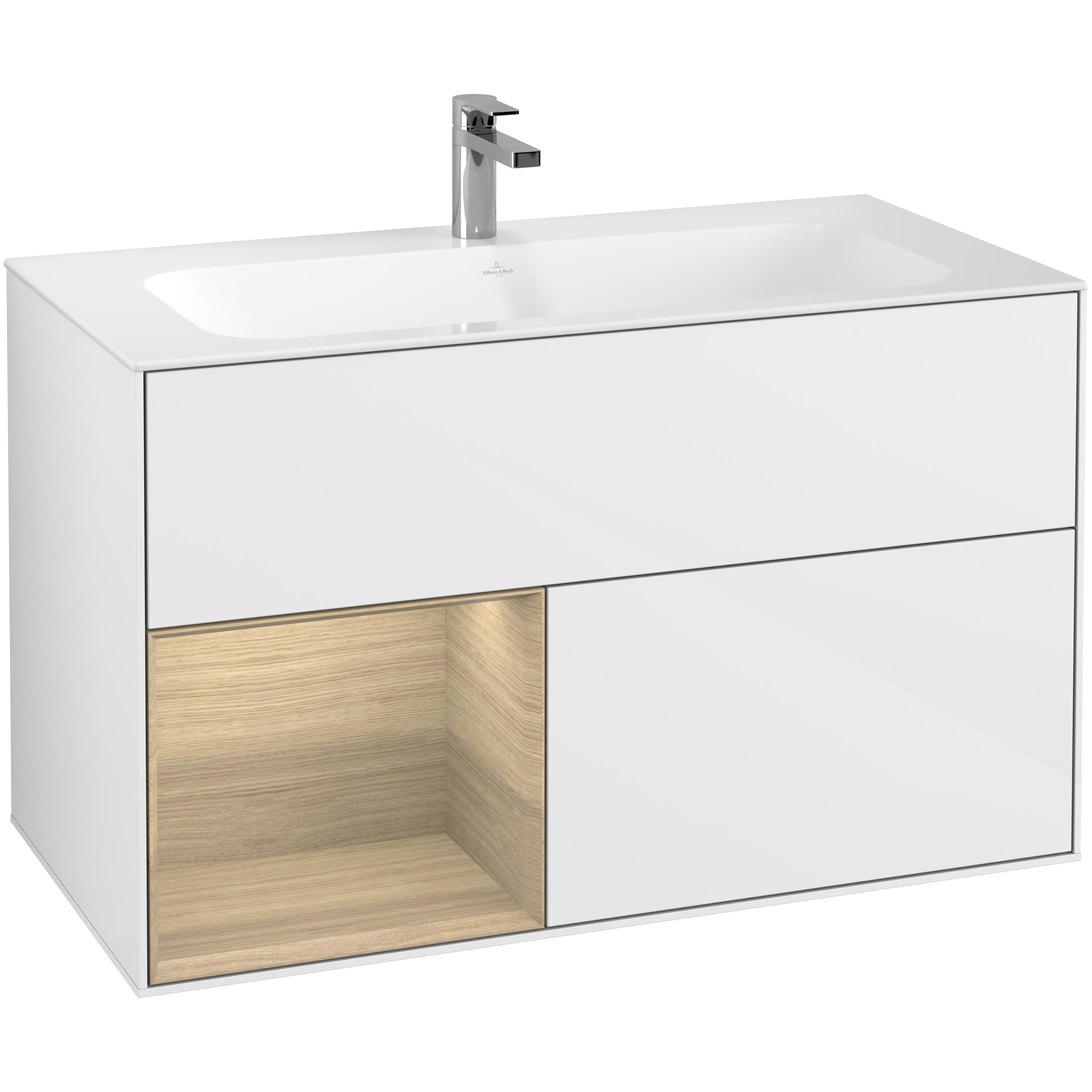 Tvättställsskåp Villeroy & Boch Finion F030PCGF Vit Högblank/Ekfanér, Lucka Vänster