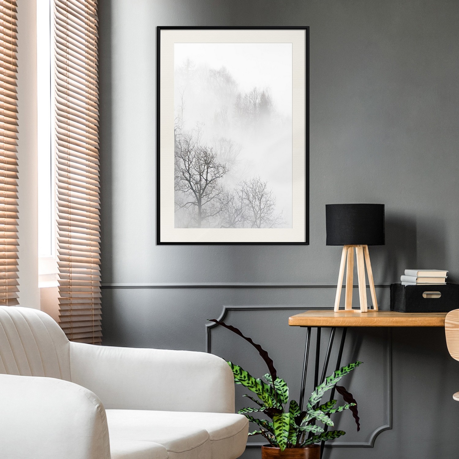 Affisch - Trees In The Fog [Poster] 30x45 Svart ram med passepartout, 30x45 cm