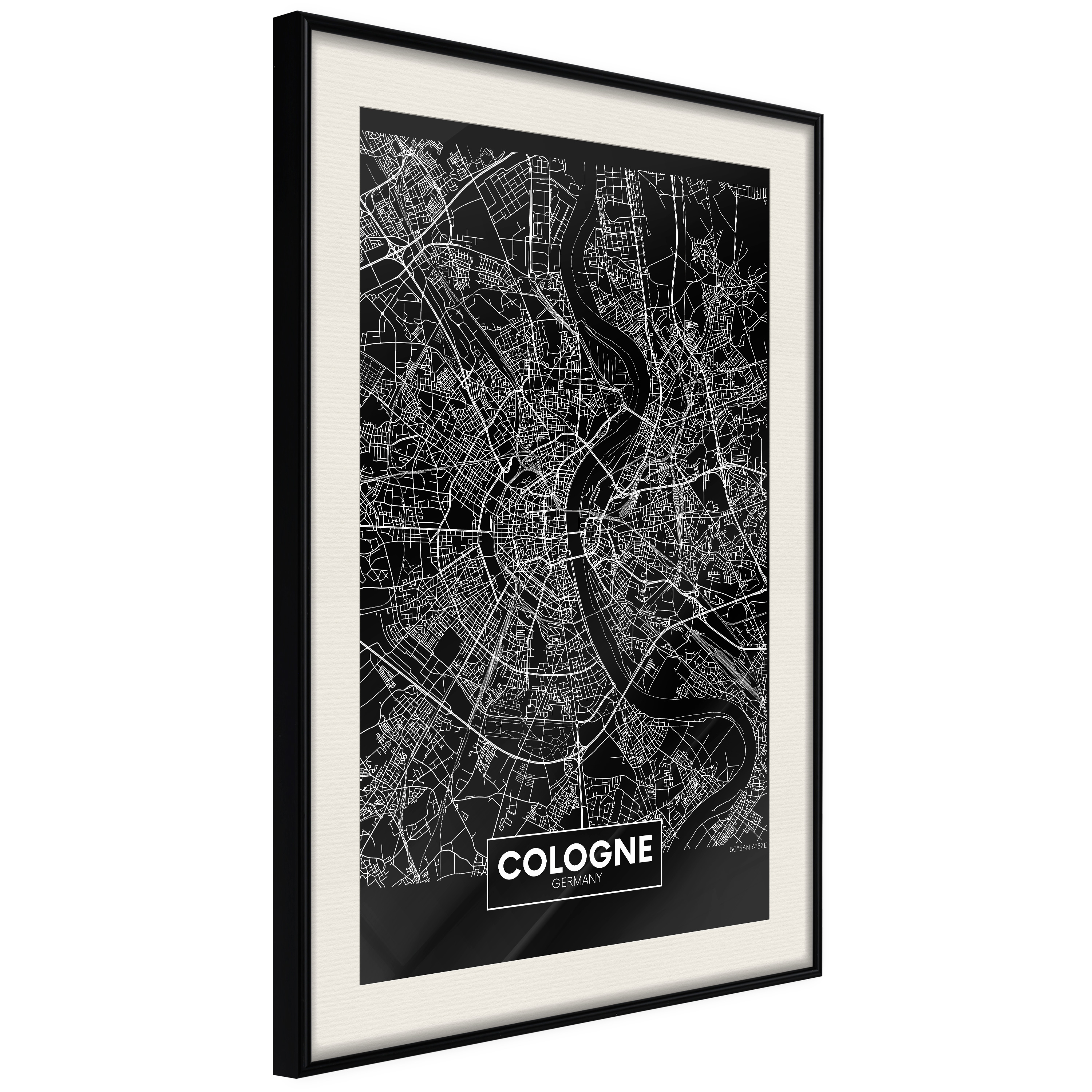 Affisch - Dark Map of Cologne [Poster] 30x45 Svart ram med passepartout, 30x45 cm