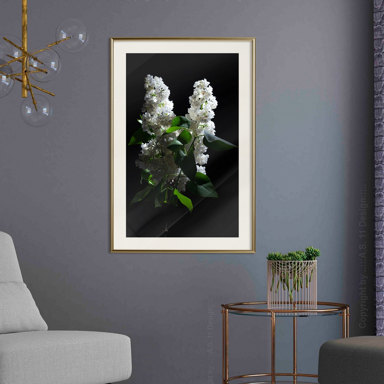 Affisch - Lilacs at Night [Poster] 40x60 Guld ram med passepartout, 40x60 cm