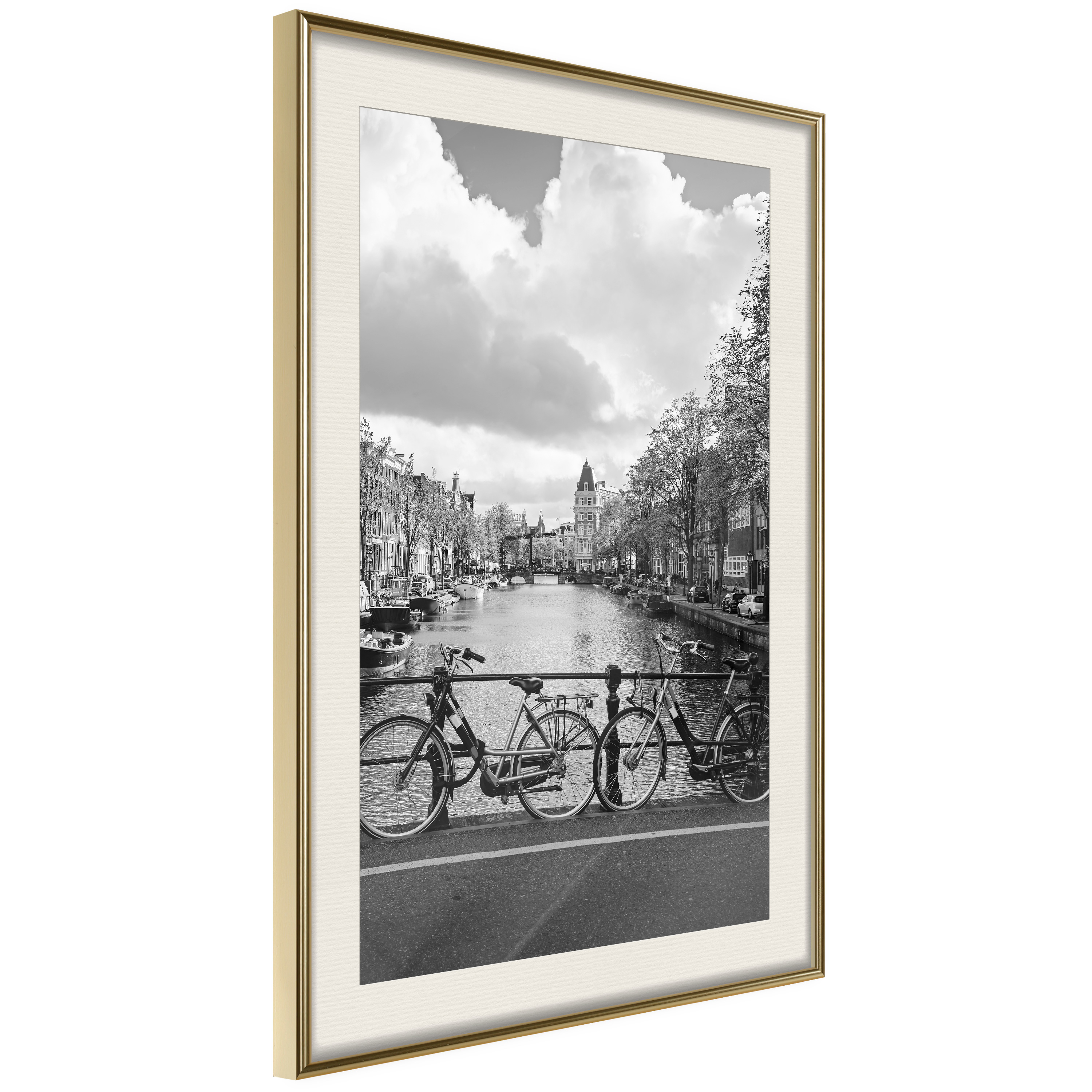 Affisch - Bikes On Bridge [Poster] 40x60 Guld ram med passepartout, 40x60 cm
