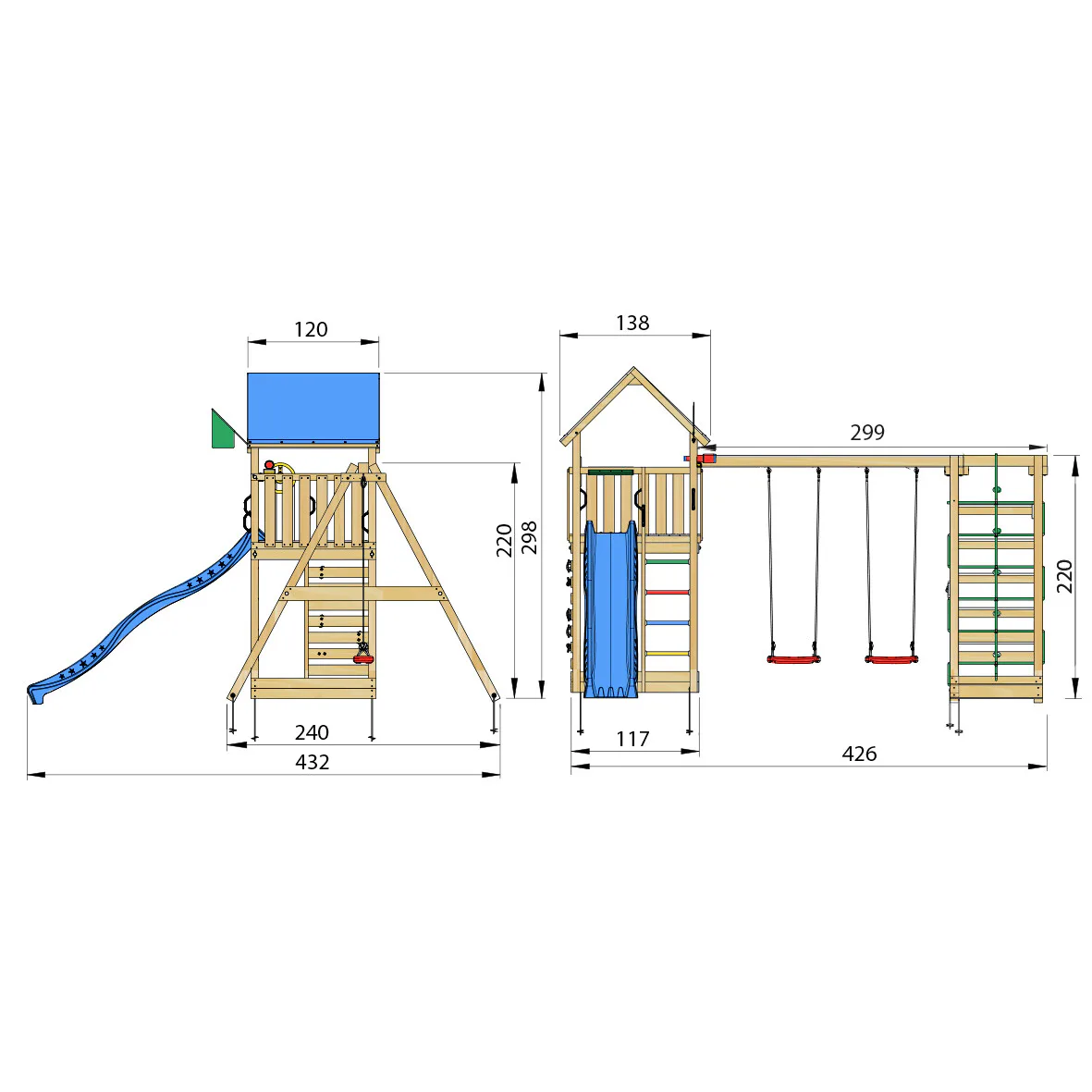 Lektorn Jungle Gym Lodge 2.1 m/2 Climb Modul Med Blå Rutschkana