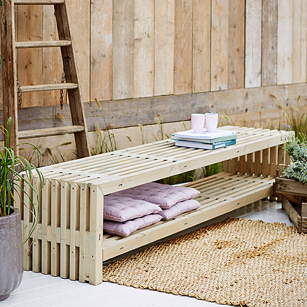 Trädgårdsbänk PLUS Rustik Design med Hylla 2180 mm