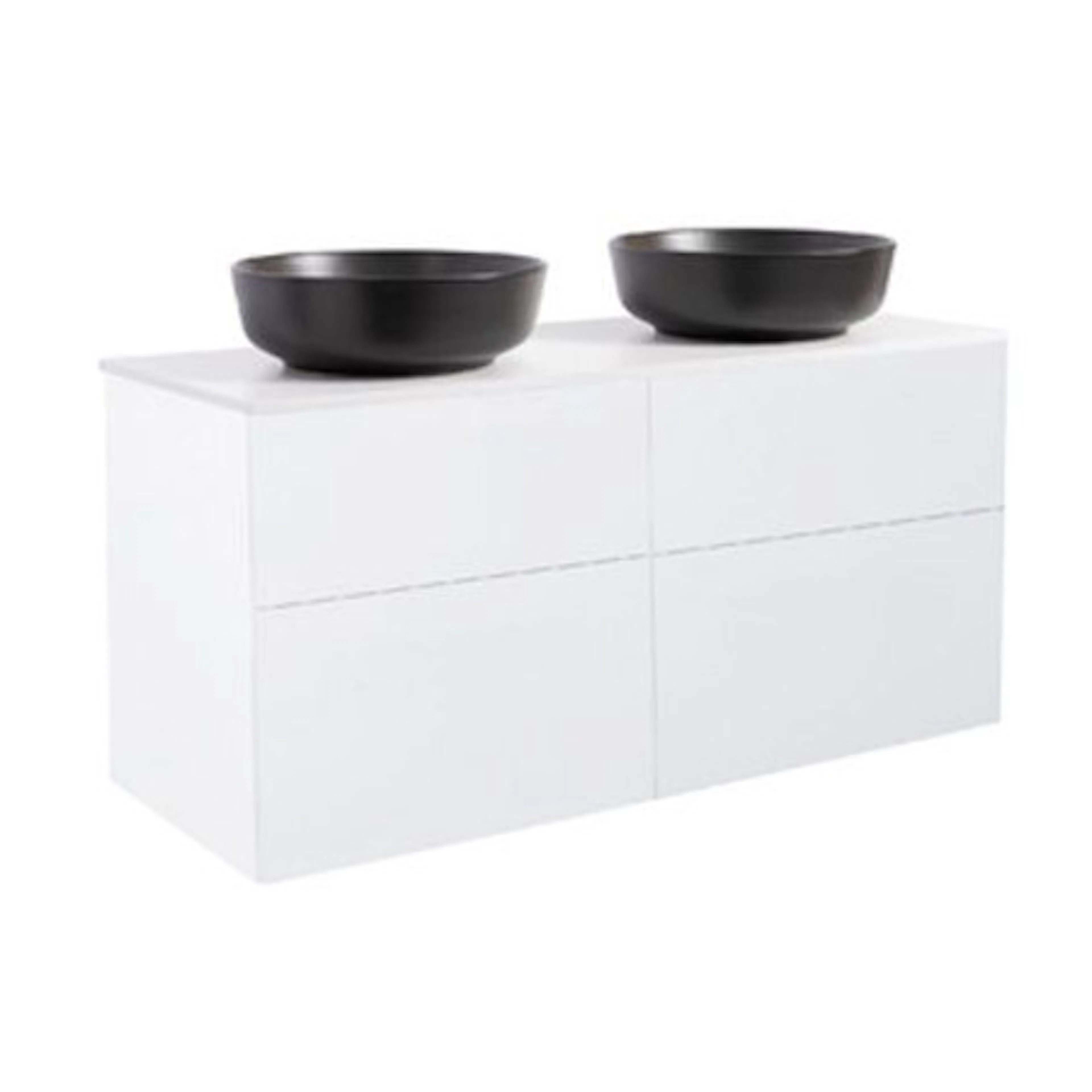 Isel 120Vit Bs Vit+2Ts Rund Sv Färg Tvättställsskåpet: Högblank Vit, Färg Bänkskiva: Vit, Färg Tvättställ: Svart - B: 1210 mm, H: 737 mm, D: 470 mm