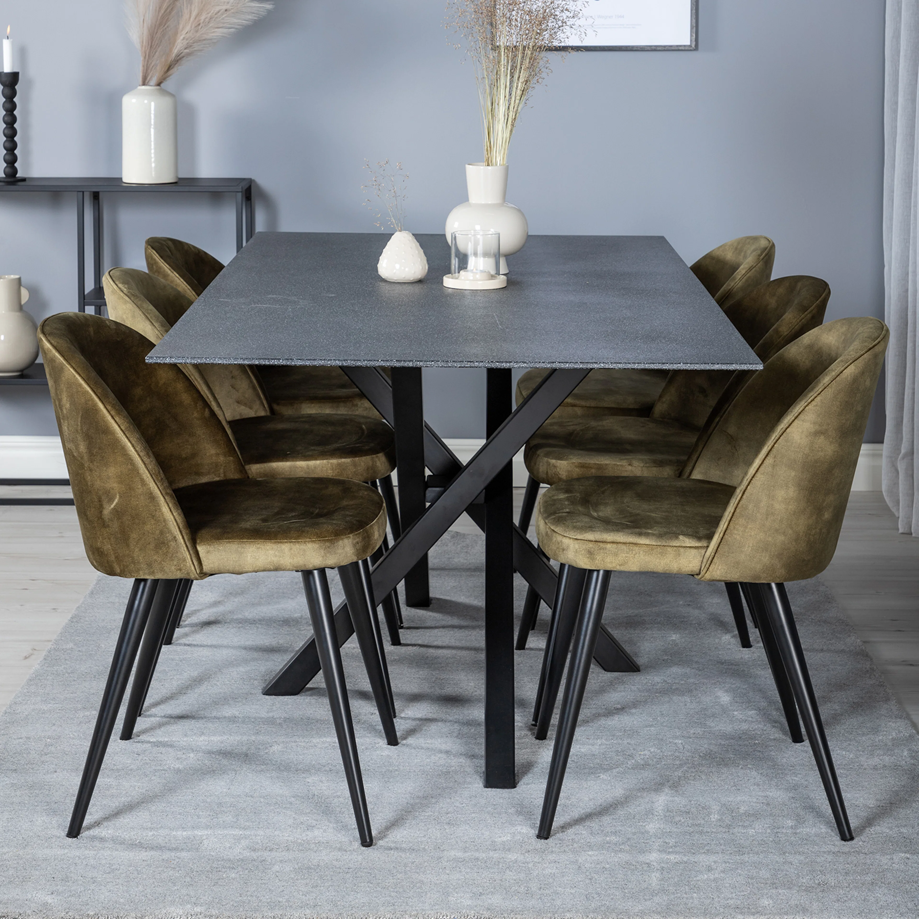 Piazza Dining Table 180x90 cm+Velvet Dining Chair Grå/Svart/Grågrön