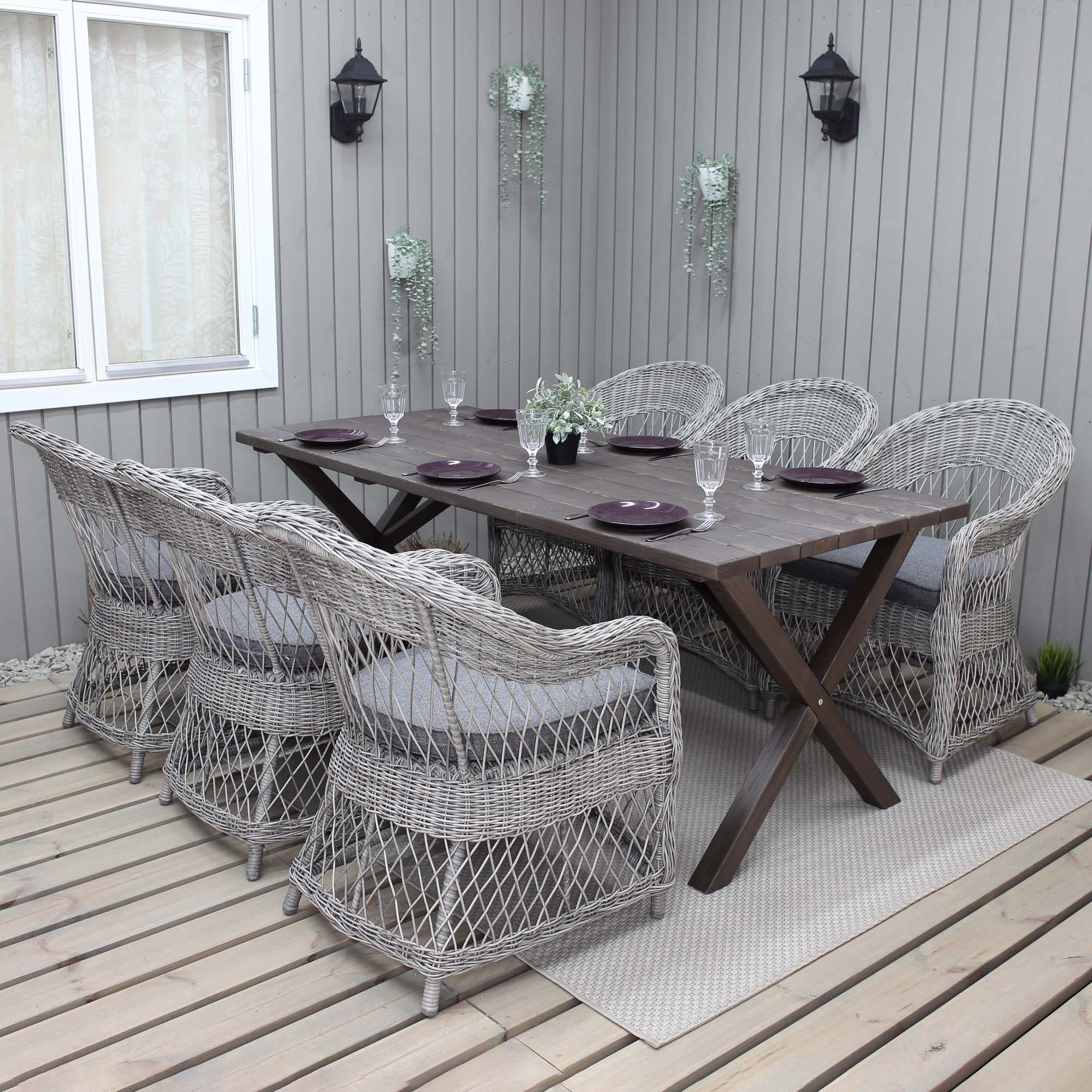 Matgrupp Utomhus Baltic Garden 190 cm bord & 6 Merida grå stolar