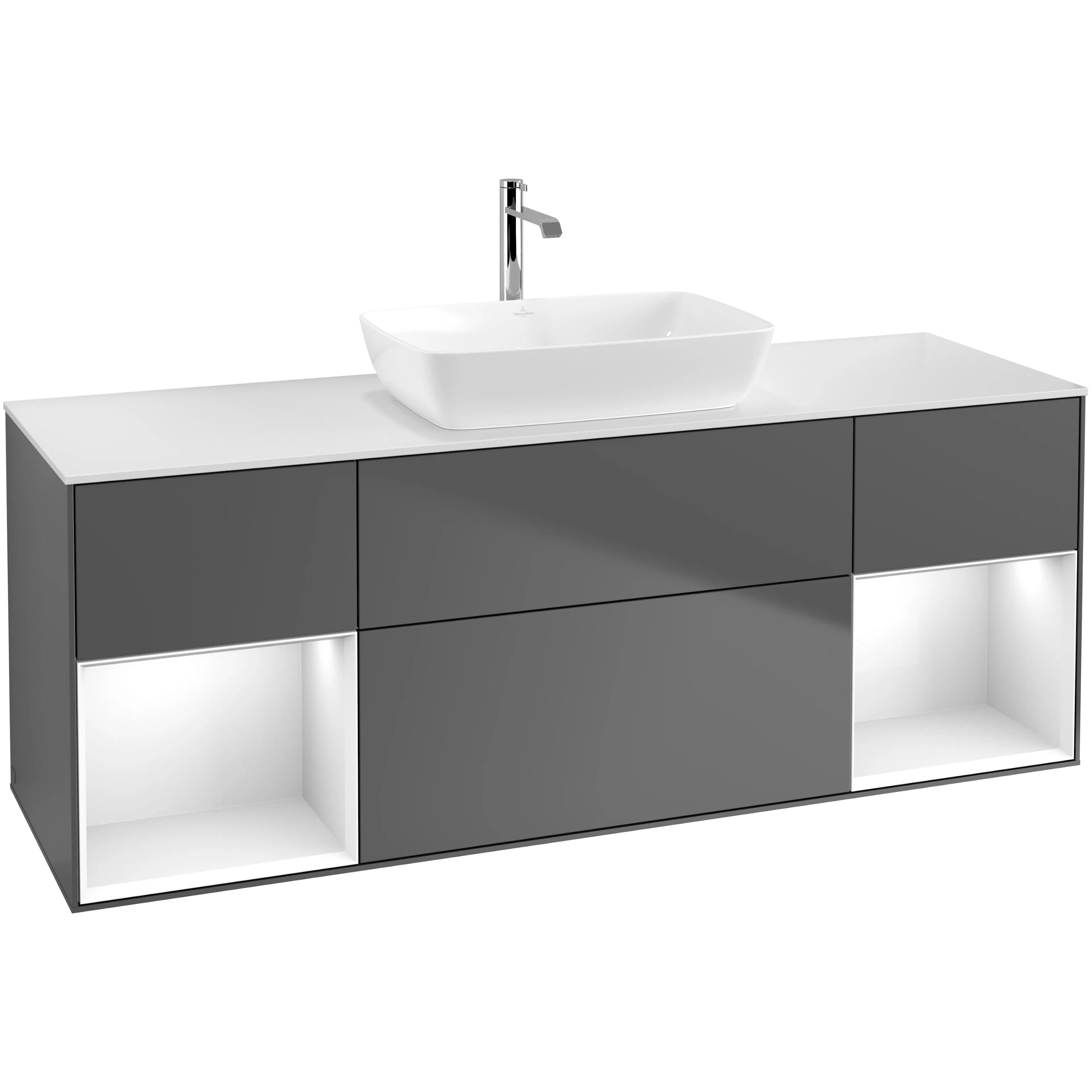 Tvättställsskåp Villeroy & Boch Finion F861GFGK Antracitgrå Mattlack/Vit Högblank med bänkskiva i Mattvitt glas Med Blandarhål