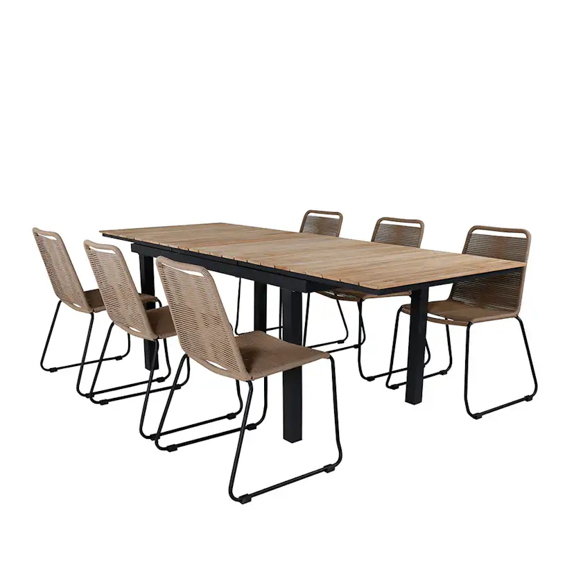 MexicoTable160/240*90-LindosStackingChair-Alu/LatteRope_6 Beige