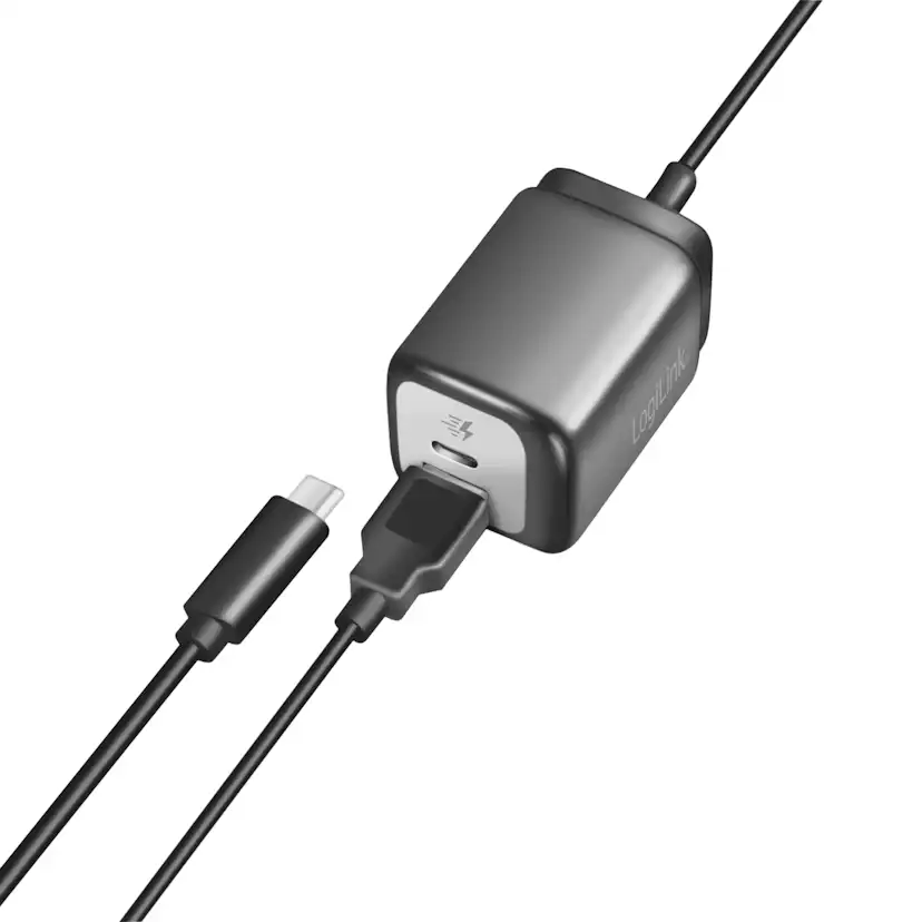 USB-laddare LogiLink 1xUSB-A + 1xUSB-C Med Fast Kabel 1,5m GaN 30W