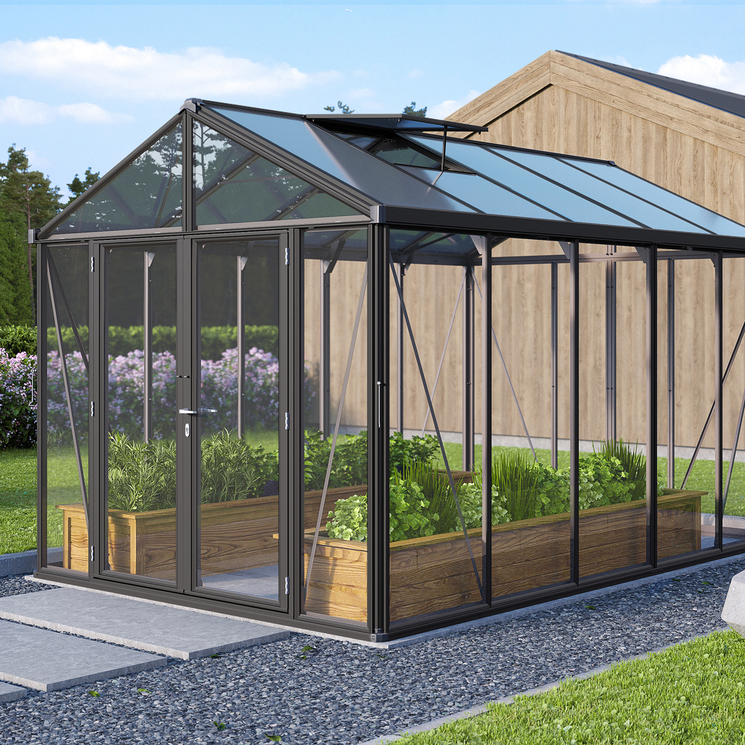 Växthus Vitavia Poseidon Aluminiumstomme med UV-Skyddat Polykarbonat & Härdat Glas, 10 m²