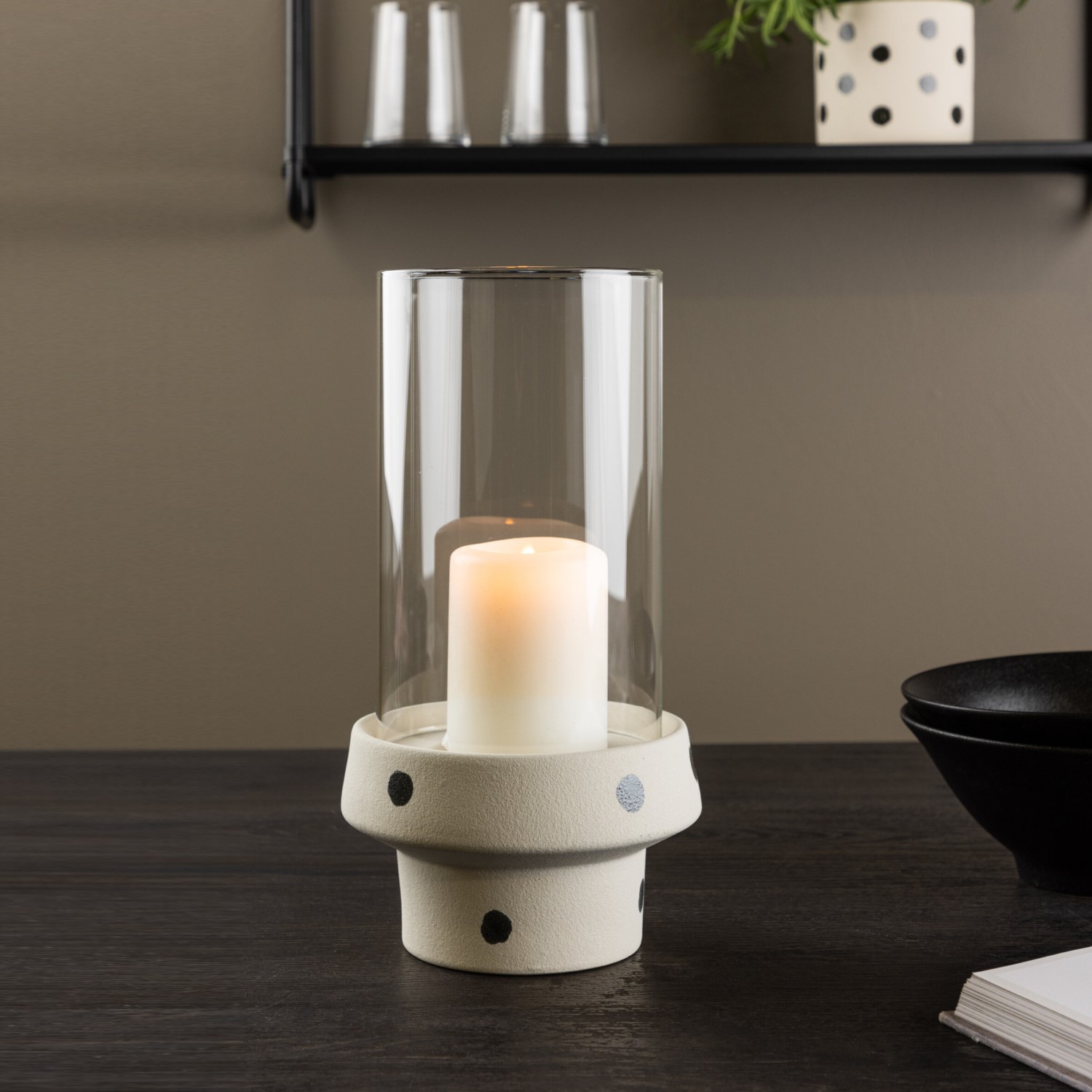 Davida Lantern -  White/Black Dots/Clear Glass - 15*H29cm Vit/Svart, Diamater: 150 mm