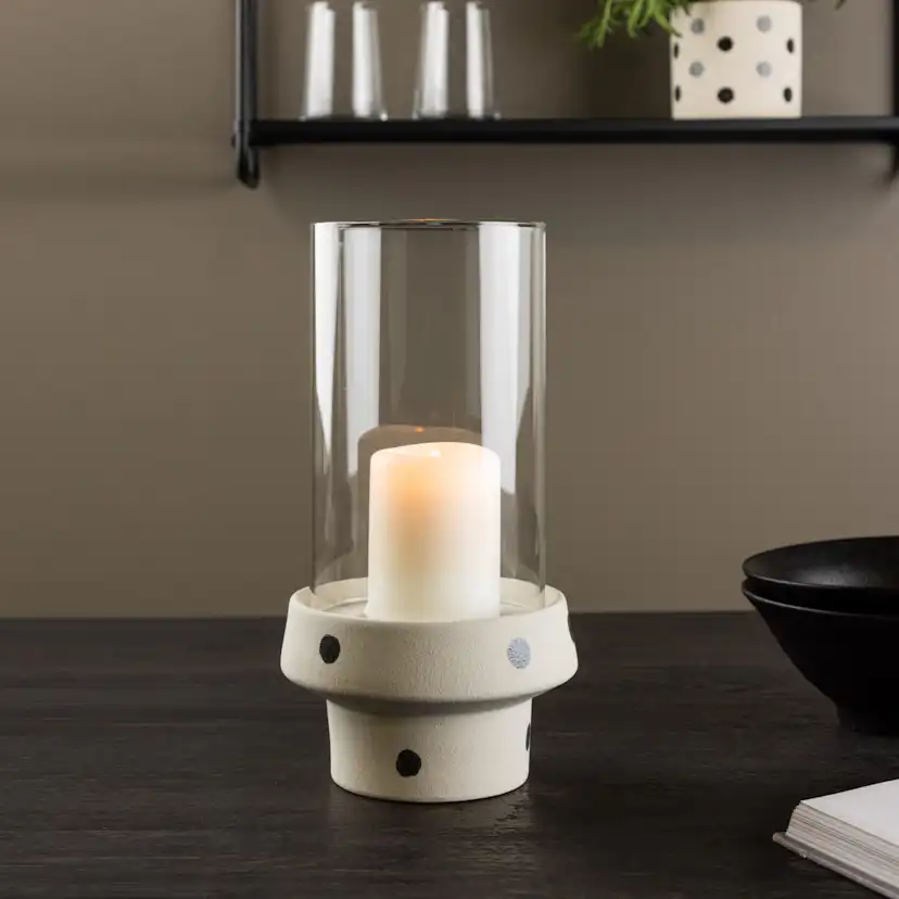 Davida Lantern - White/Black Dots/Clear Glass - 15*H29cm Vit/Svart, Diamater: 150 mm