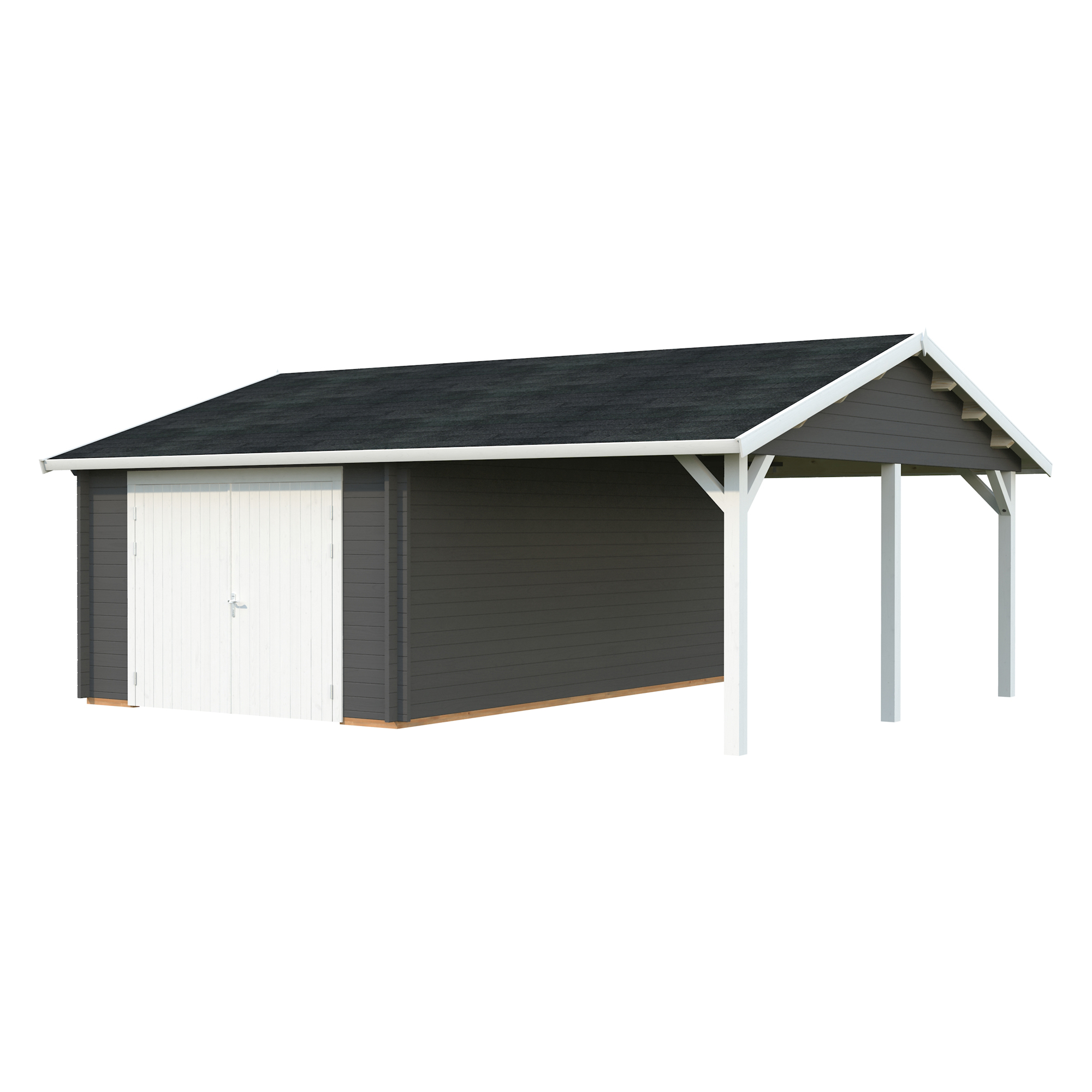 Roger 19,0+16,2 m2 with wooden gate PNT7012W2 Målad grå RAL7012 + vit RAL9016