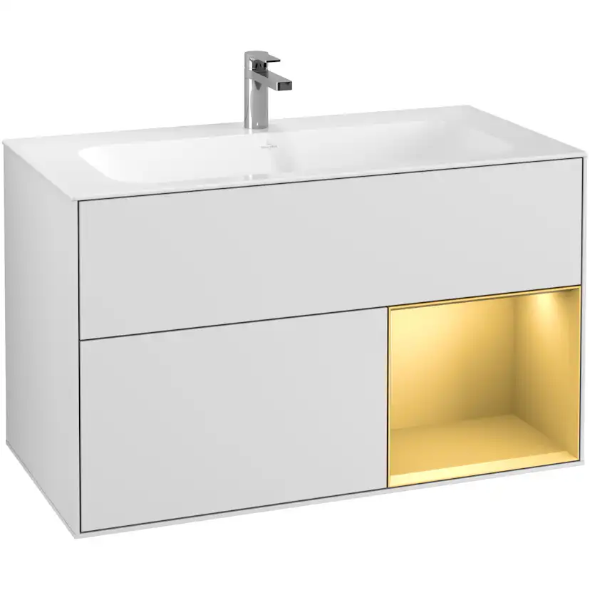 Tvättställsskåp Villeroy & Boch Finion G040HFMT Vit Mattlack/Guld Mattlack med Väggbelysning, Lucka Höger