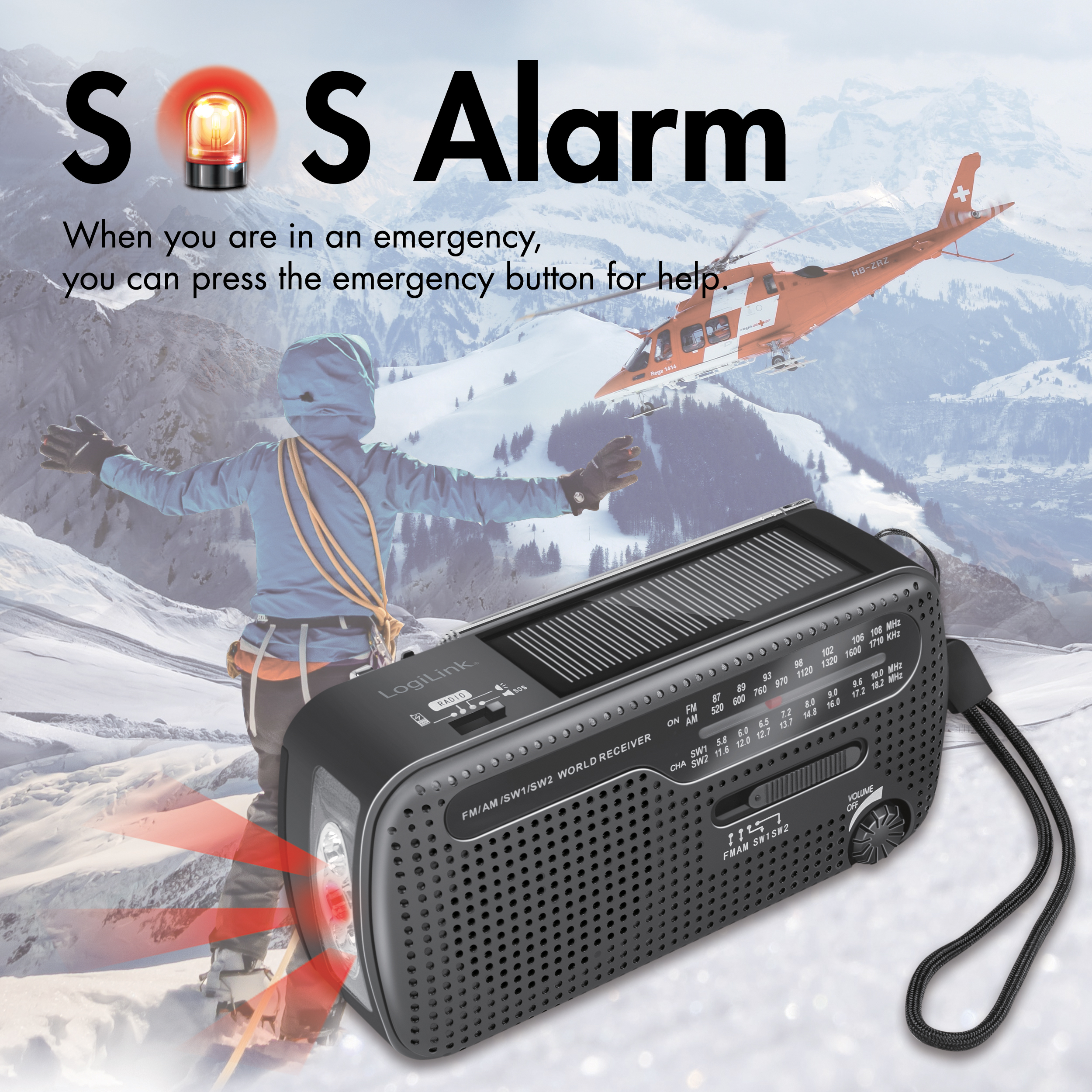Vevradio LogiLink med Ficklampa och Solcell