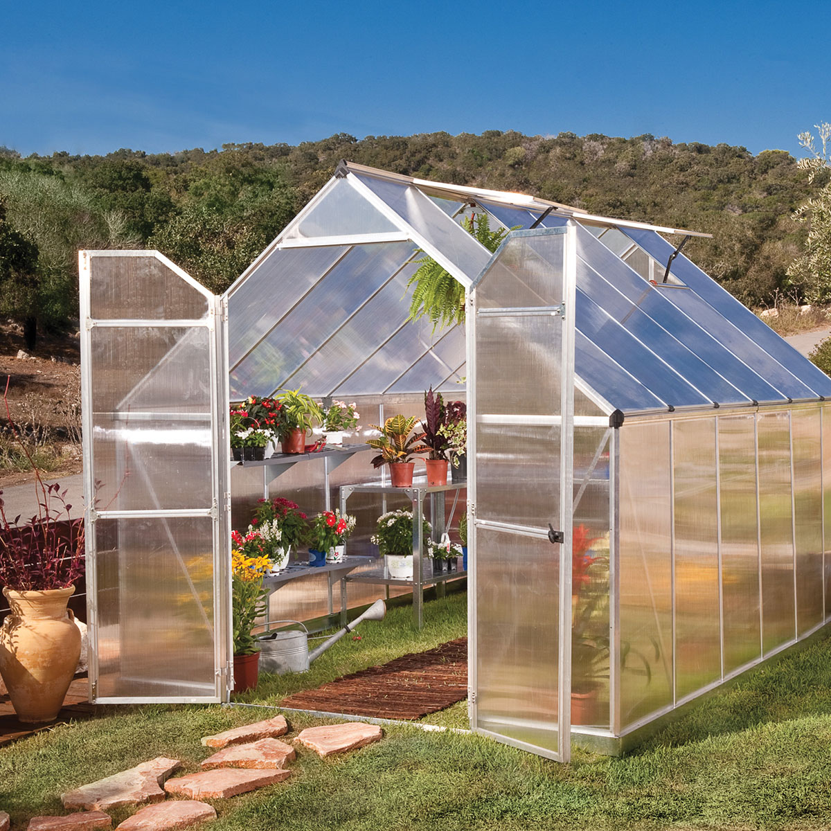 Växthus Canopia by Palram Essence Aluminiumram med UV-Skyddad Polykarbonat & Ventilationsfönster, 9 m²