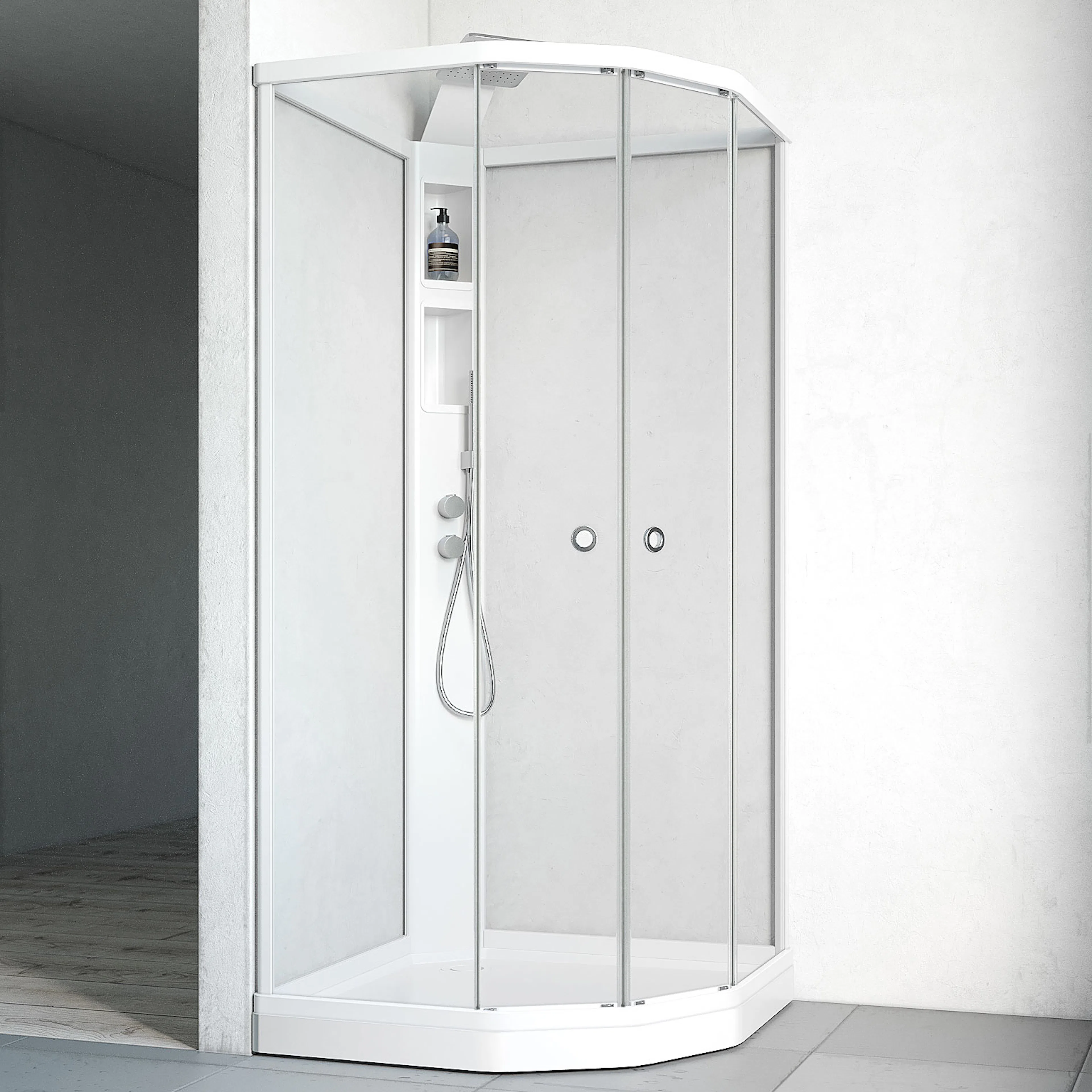 Flow kab Semi InfBl 9x8 V KL 910x810 mm, Vit Profil, Klarglas