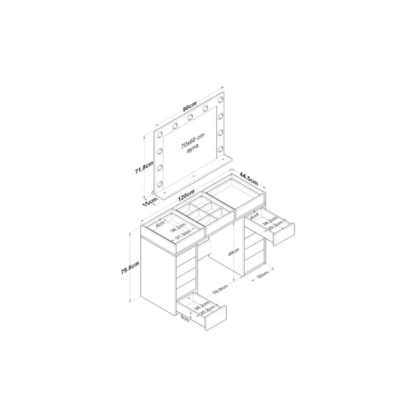 Sminkbord Scandinavian Choice Ramender Komplett med Sminkspegel, förvaring & Bordsskiva i Glas 120cm