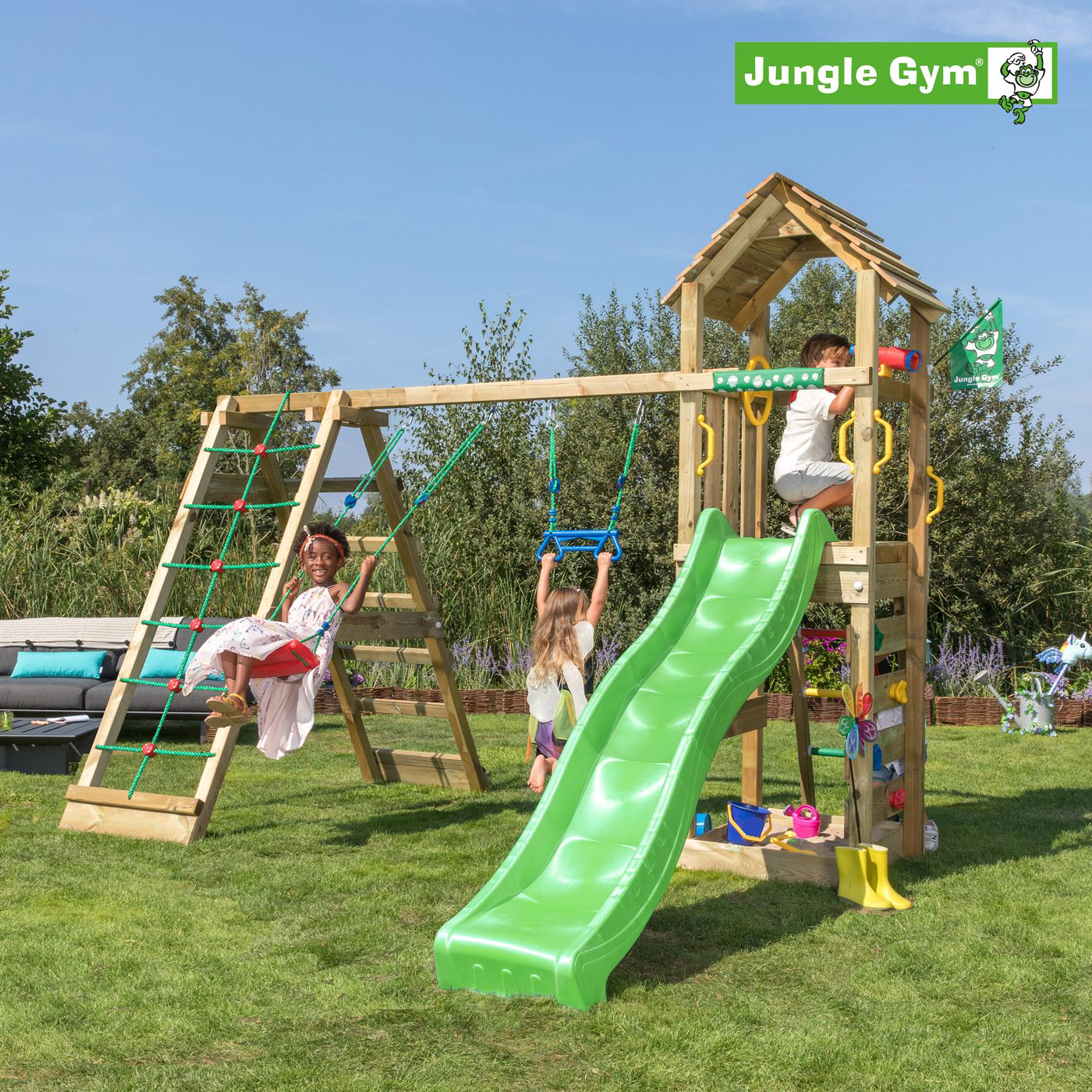 Jungle Gym Cocoon med klätterställning, 2 gungor och mörkgrö Grön