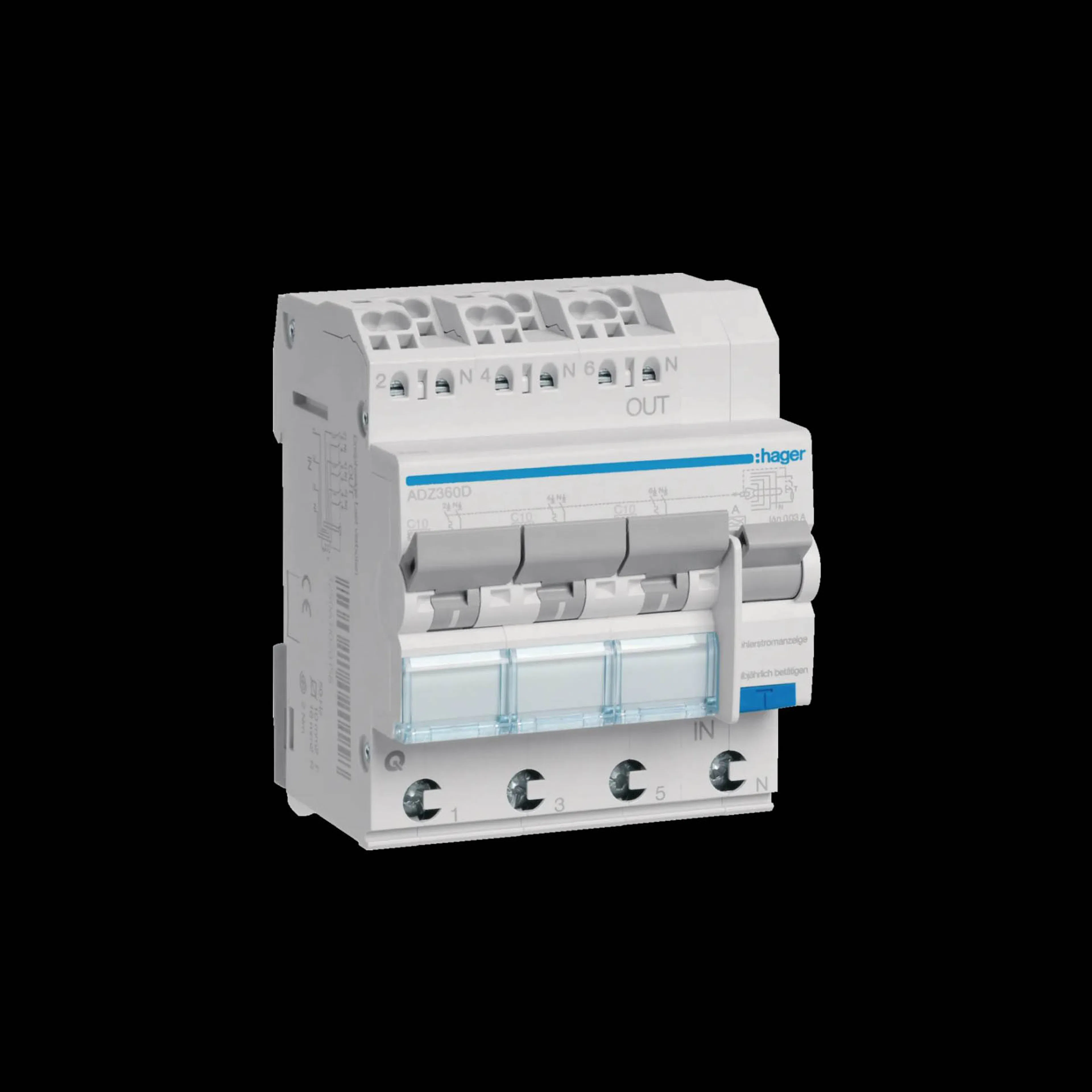 Personskyddsbrytare Hager 3 x 1 Poler + Nolla 6 kA C-Karakteristik 10 A 30 mA Typ A med QuickConnect