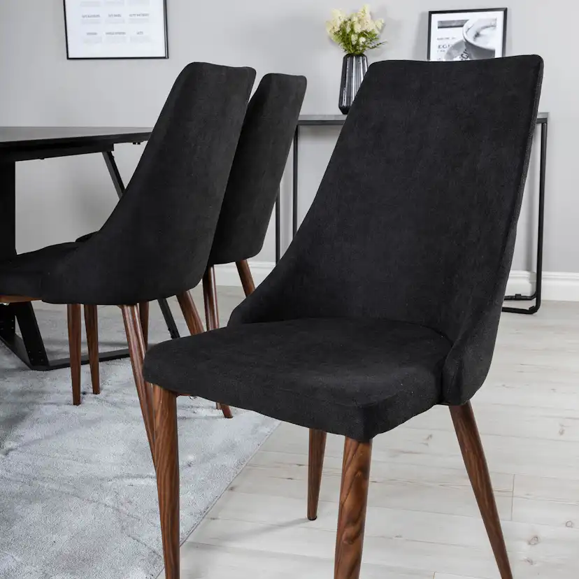 Marina Table - Black top /Leone Chair - Black Fabric_6 Svart/Svart/Valnöt